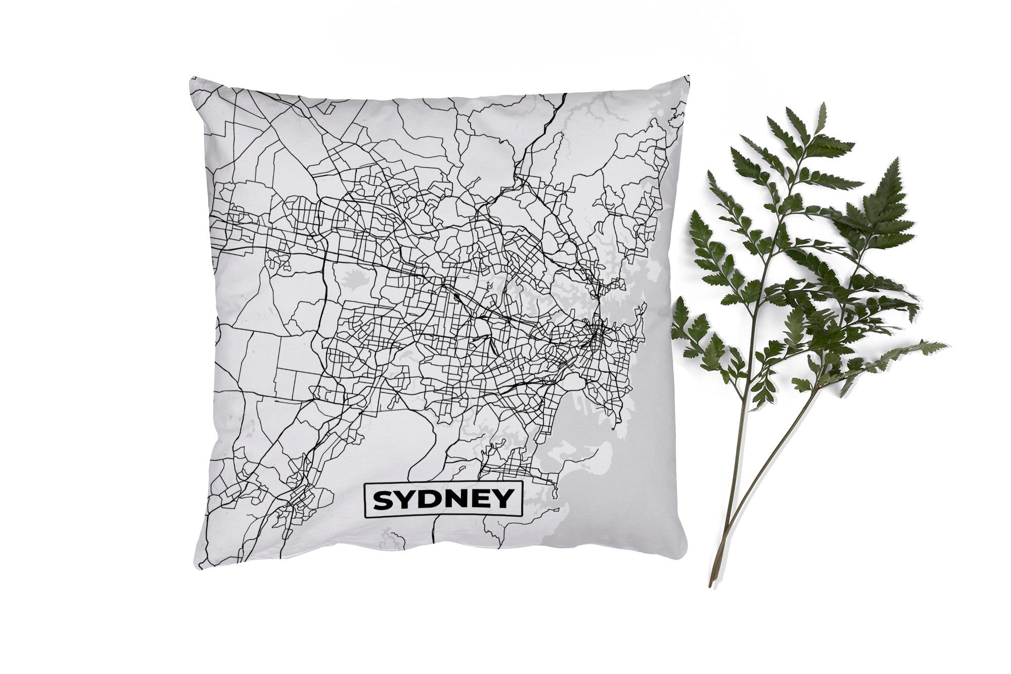 MuchoWow Dekokissen Karte - Sydney - Stadtplan - Schwarz und weiß, Zierkissen mit Füllung für Wohzimmer, Schlafzimmer, Deko, Sofakissen | Dekokissen