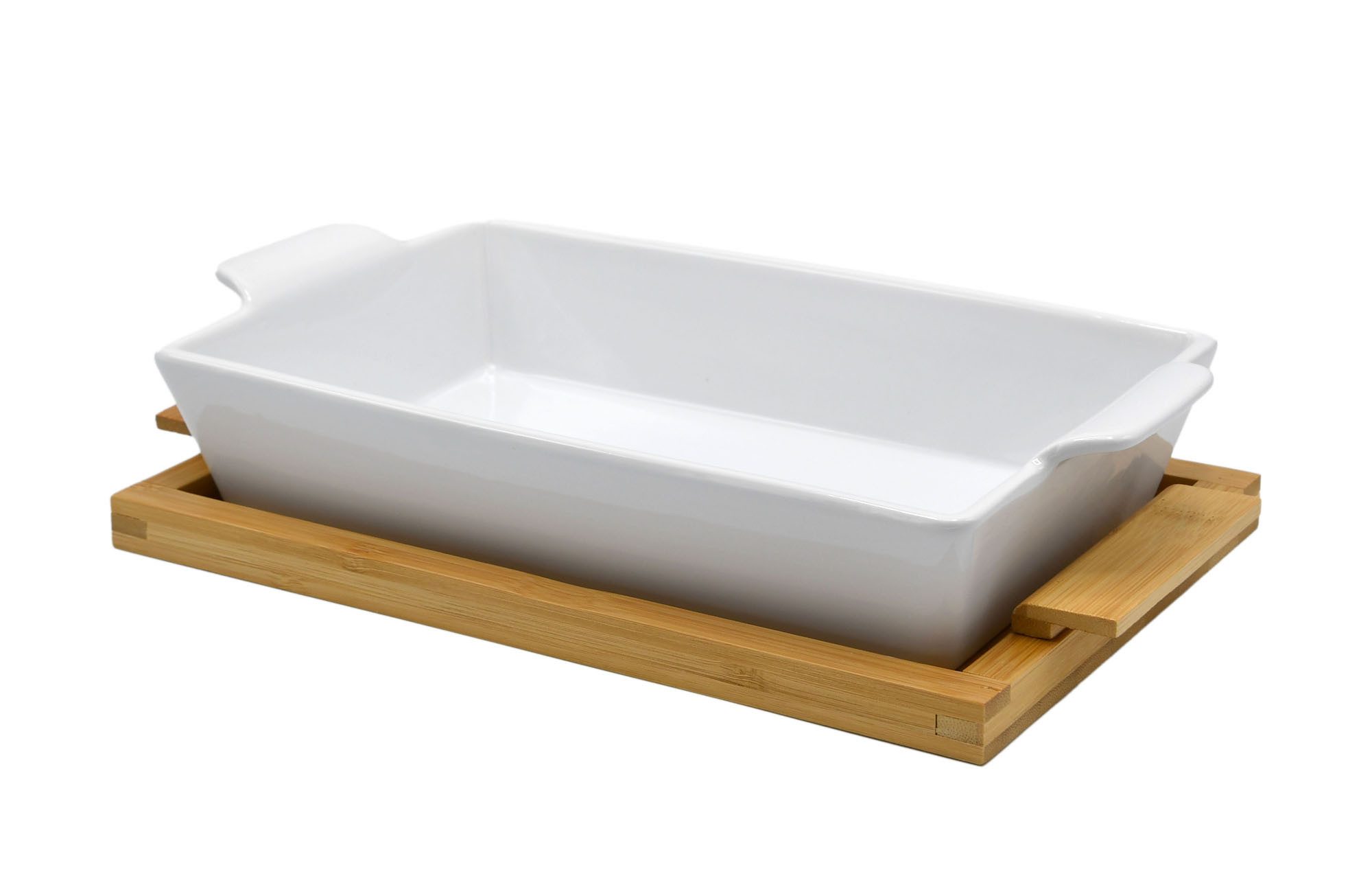 Florina Auflaufform Backform Lasagneform Keramik quadratisch 25,5cm PM316, Keramik, (2-St), mit Griffen mit Bambus Untersetzer 25,5 cm