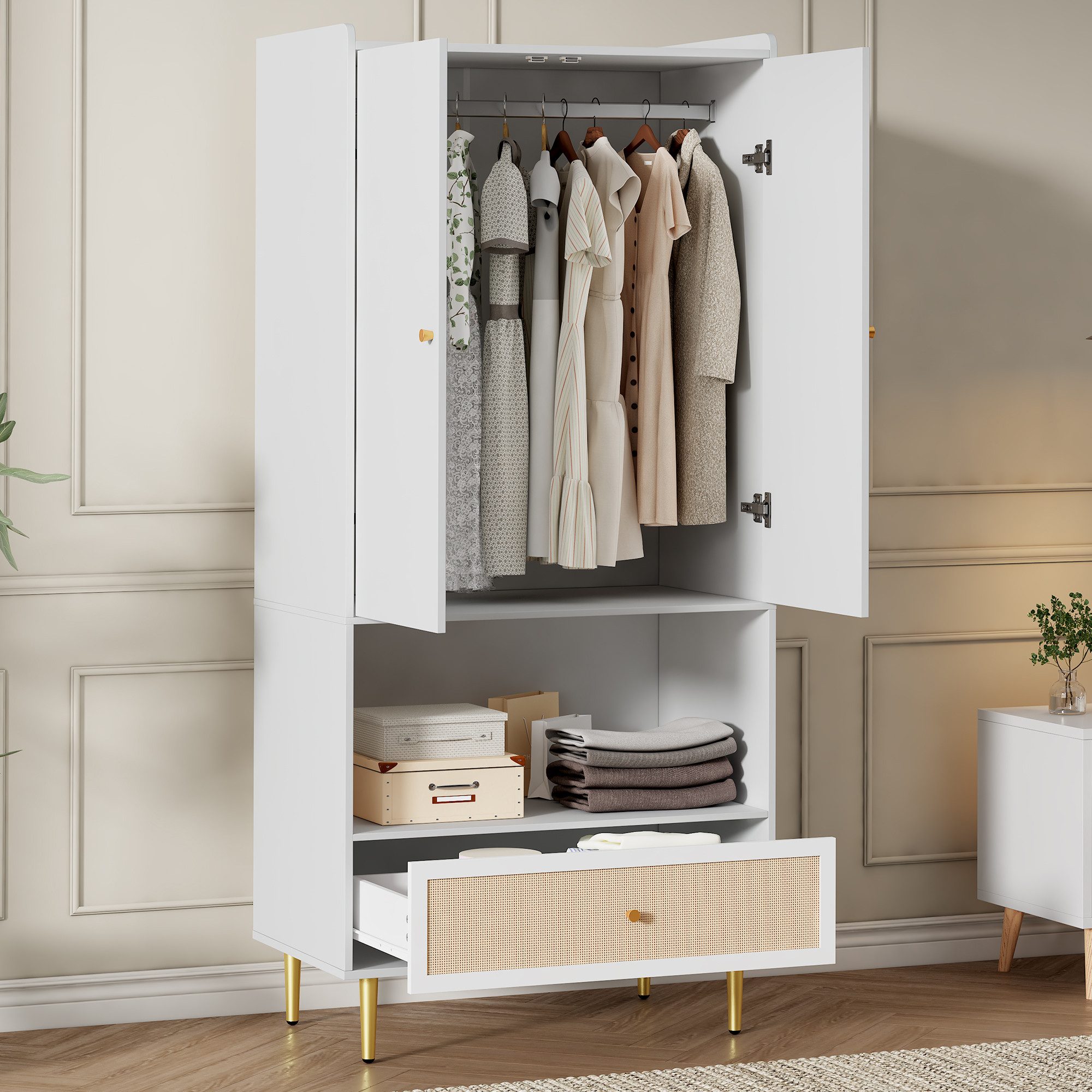Flieks Kleiderschrank mit 1 großer Rattan-Schublade, 2 Türen und 1 offenen Fächern (1-St., 80x48x175 cm) Drehtürenschrank Garderobeschrank Kleiderstange Weiß, Metallbeine
