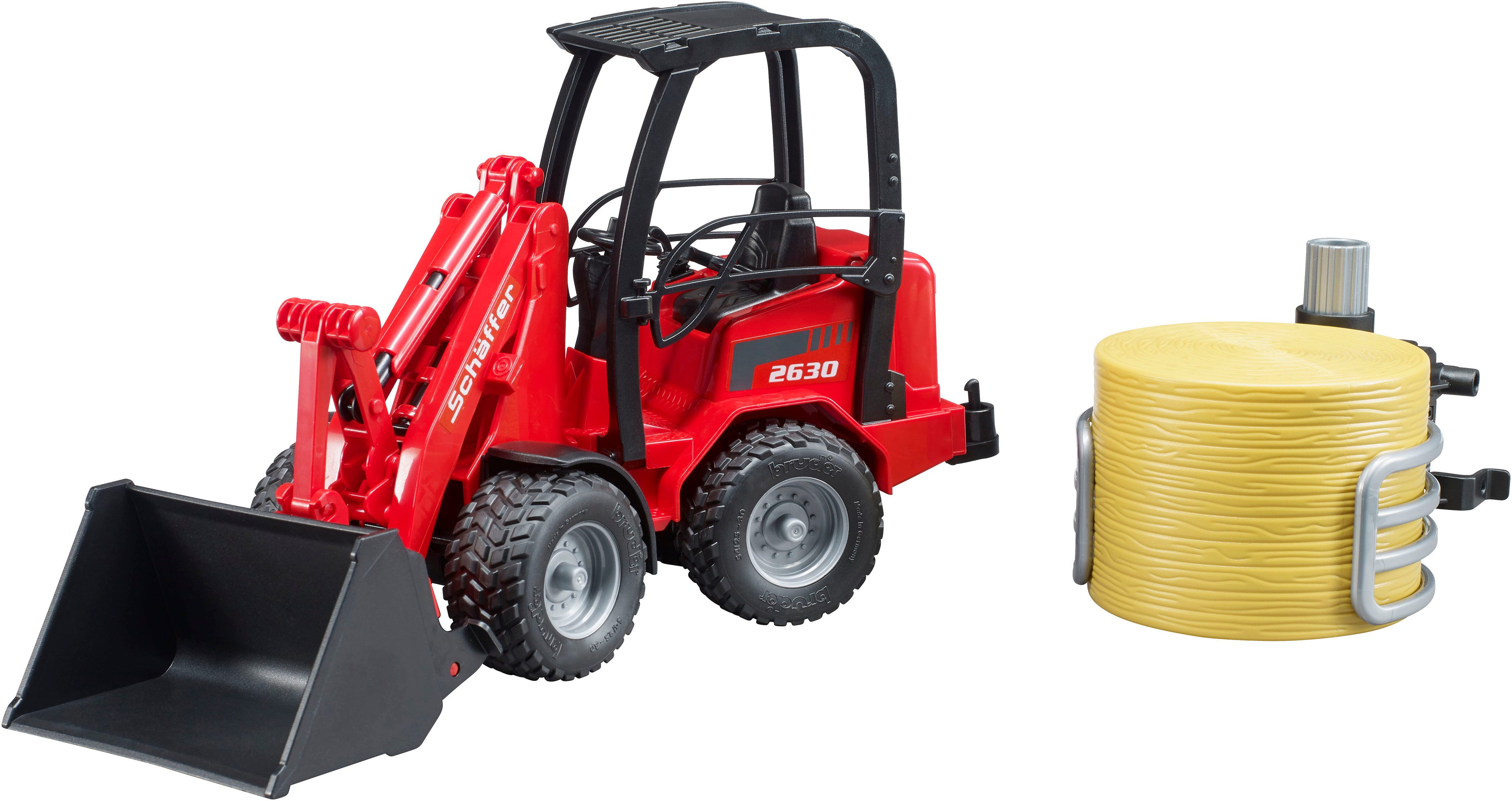 Bruder® Toy Farm Machine Schäffer Wheel Loader 2630/Bale Grab/Round Bale (02192), Made in Europe