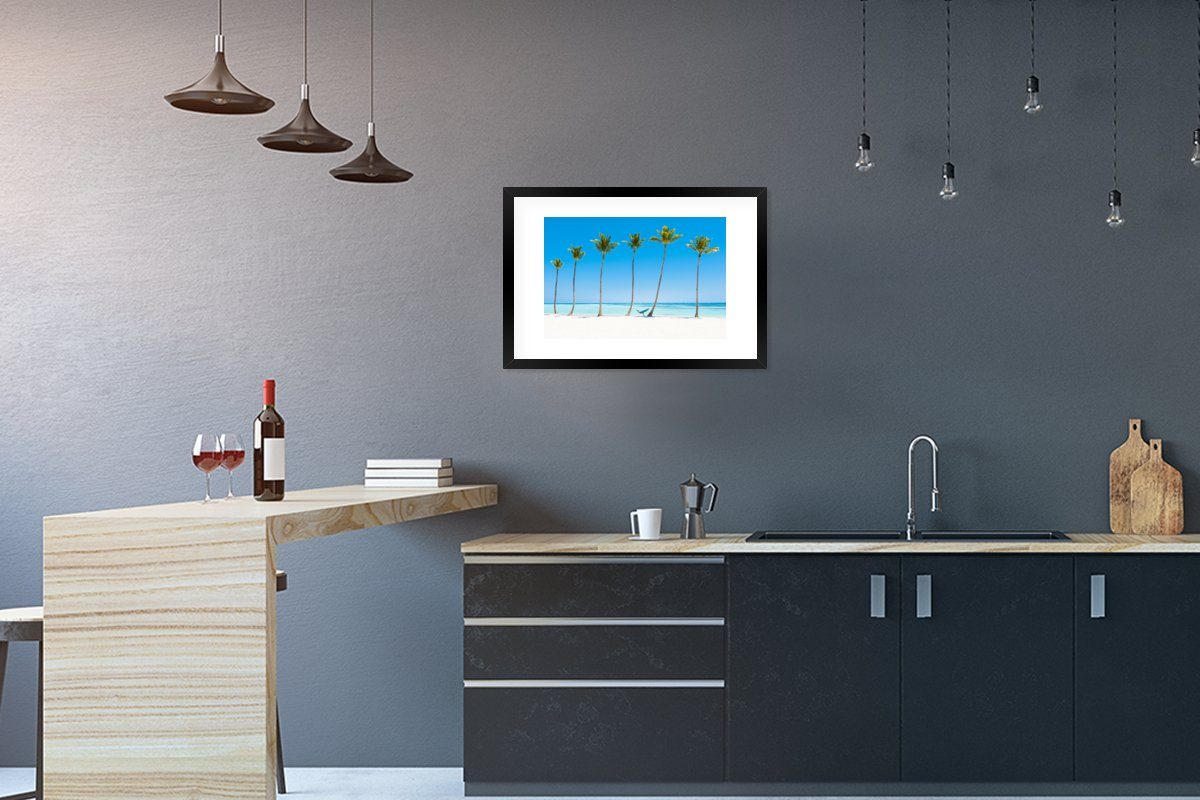MuchoWow Poster Meer - Palmen - Hängematte, (1 St), mit Rahmen, Kunstdruck, Gerahmtes Poster, Schwarzem Bilderrahmen