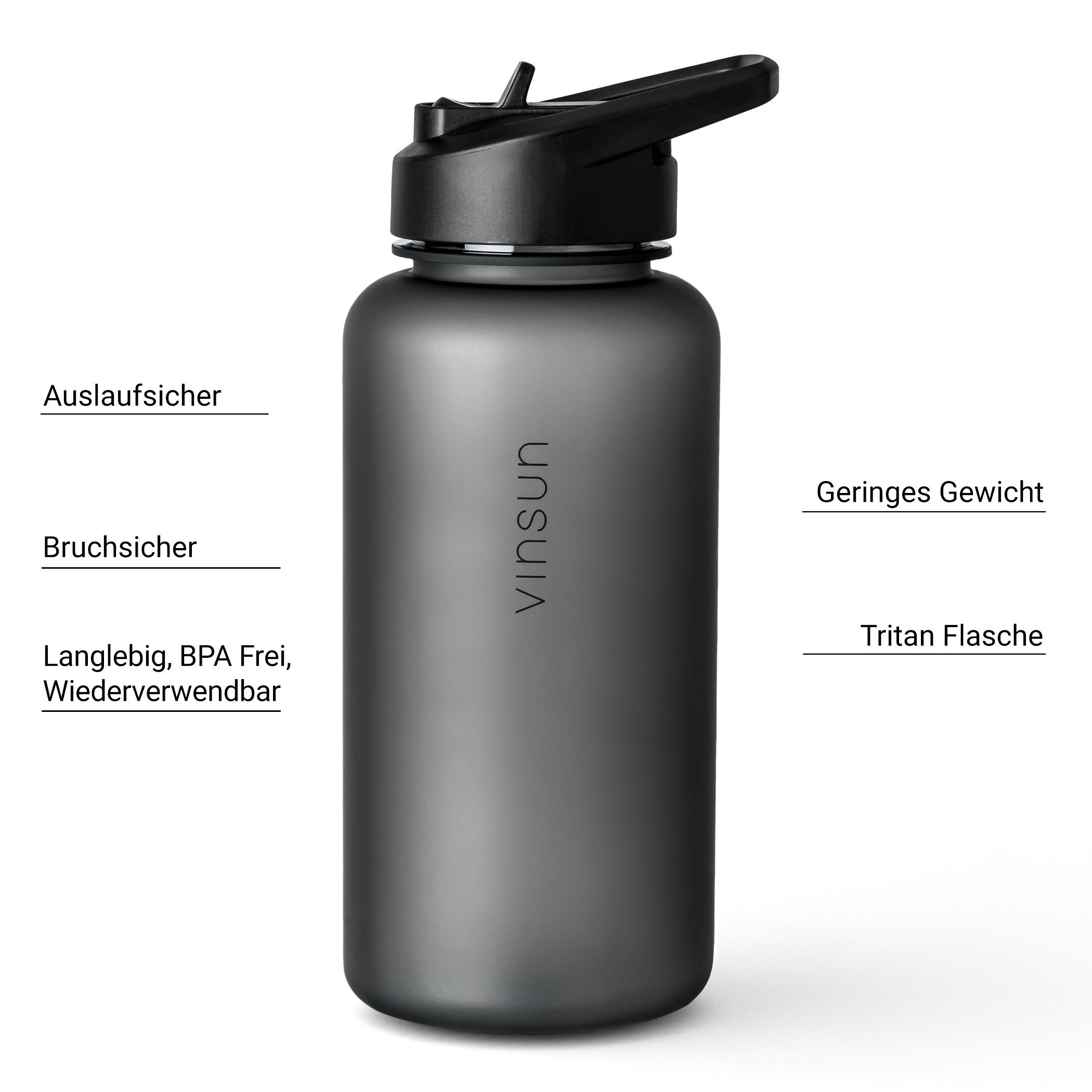 Vinsun Trinkflasche Sportflasche mit Strohhalm 1L - Wasserflasche Tritan auslaufsicher, BPA frei, Bruchsicher, geruchs- & geschmacksneutral, geringes Gewicht