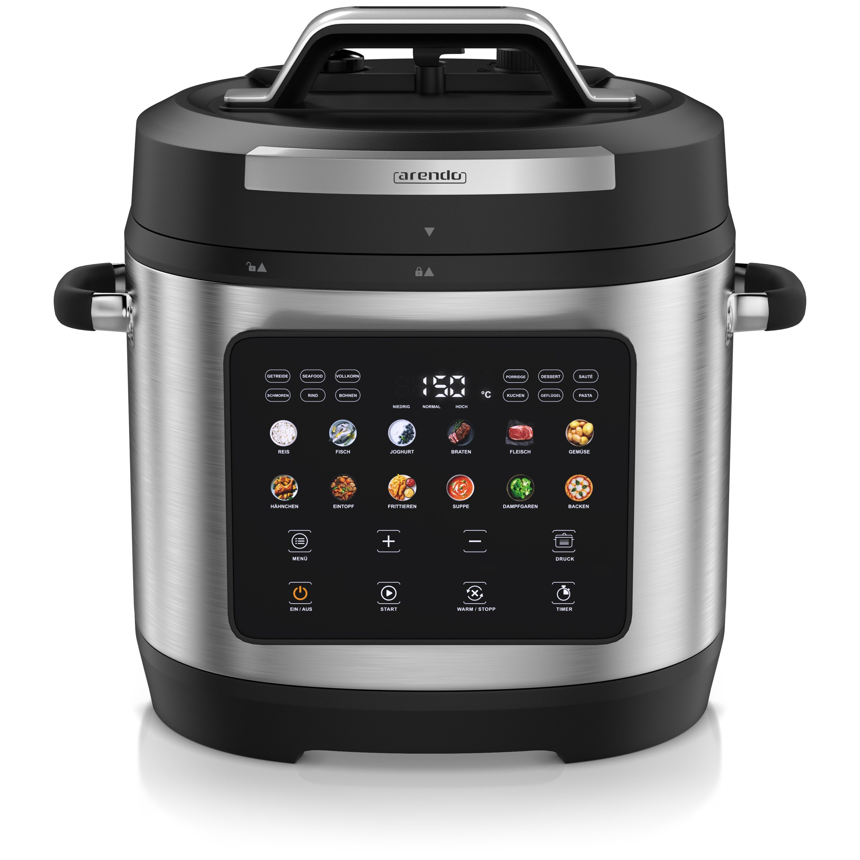 Arendo Multikocher Schnellkochtopf 6 Liter elektrisch, 24 Programme, Touch, 1000 W, 6 l Schüssel, 3 Druckstufen, 24-Stunden-Timer, Warmhaltefunktion und Dämpfeinsatz