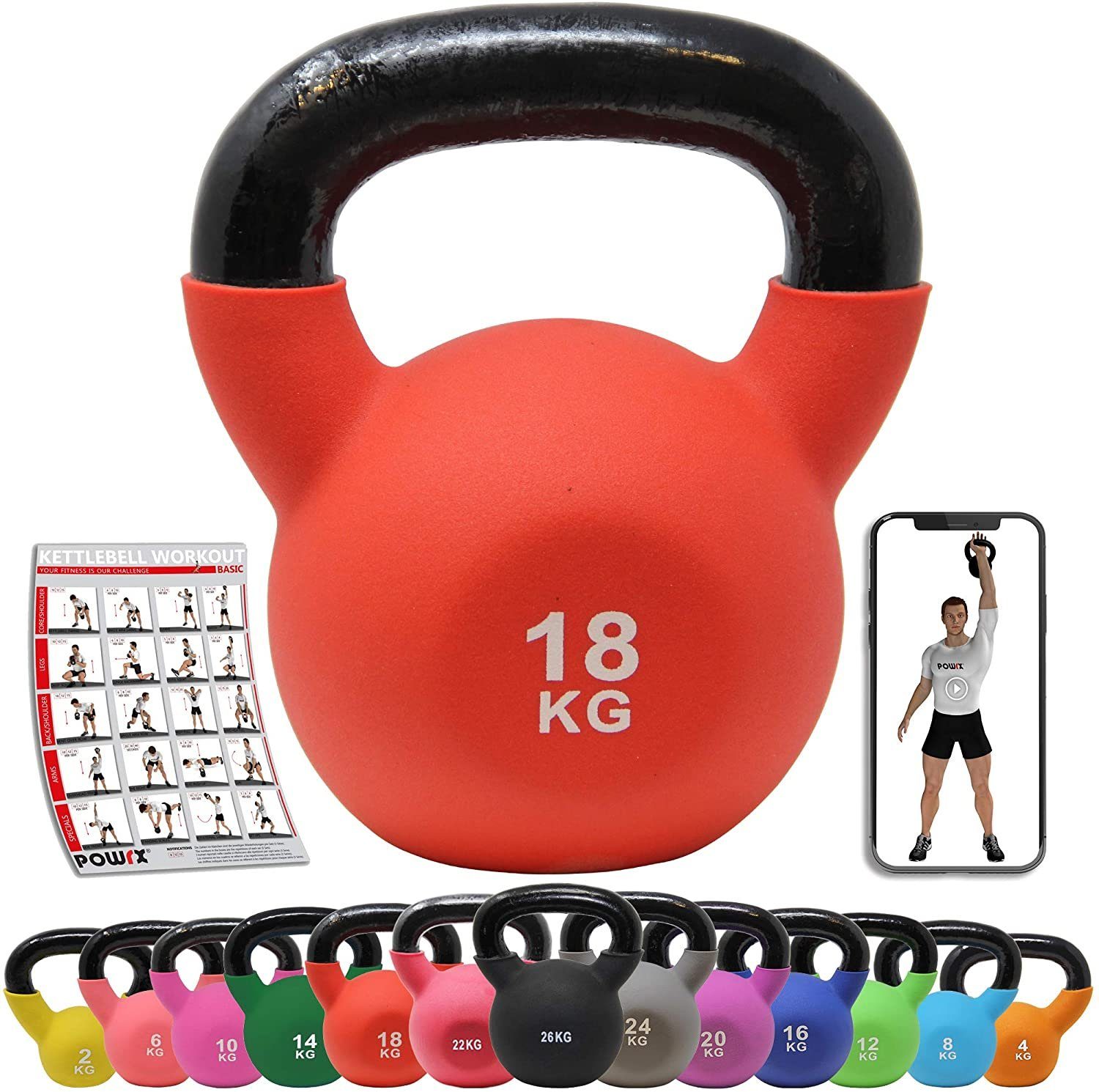POWRX Kettlebell kg 2 Kugelhantel Neopren Kg Farben/Gewichte, versch. (Gelb) inkl. Workout, 2-26