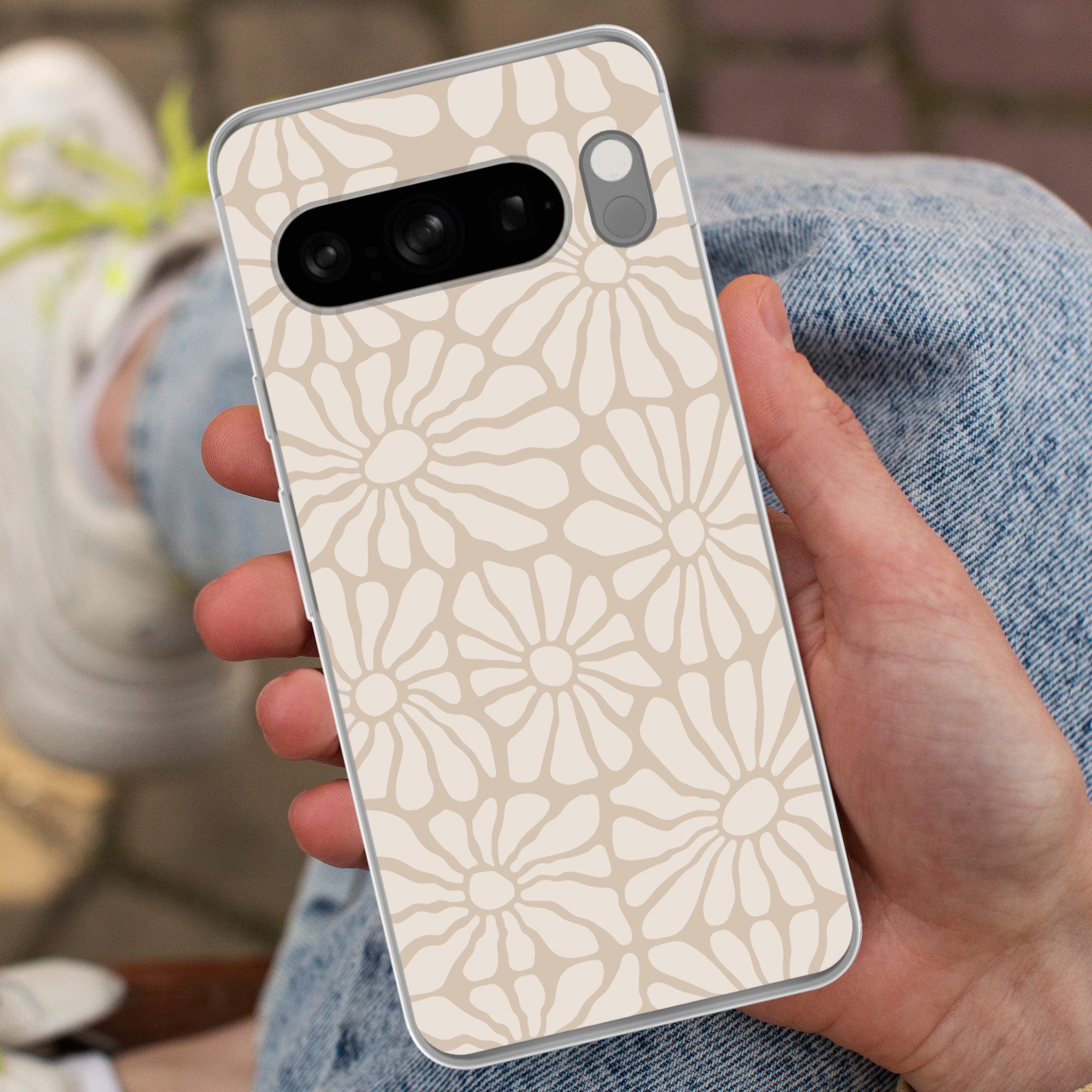MuchoWow Handyhülle für Google Pixel 8 Pro Floral - Druck - Beige - Braun - Minimalistisch, Phone Case, Silikon, Schutzhülle Dünn