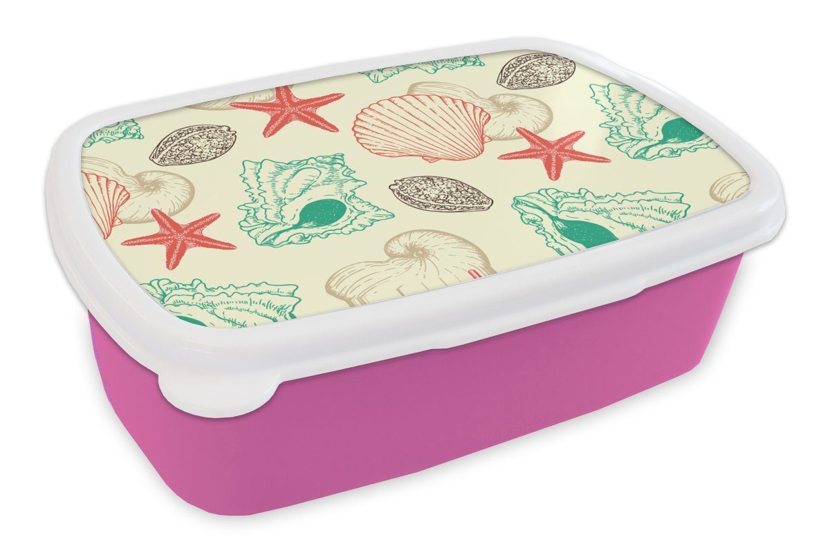 MuchoWow Lunchbox Muscheln - Seestern - Strand - Vintage - Muster, Kunststoff, (2-tlg), Brotbox für Erwachsene, Brotdose Kinder, Snackbox, Mädchen, Kunststoff rosa