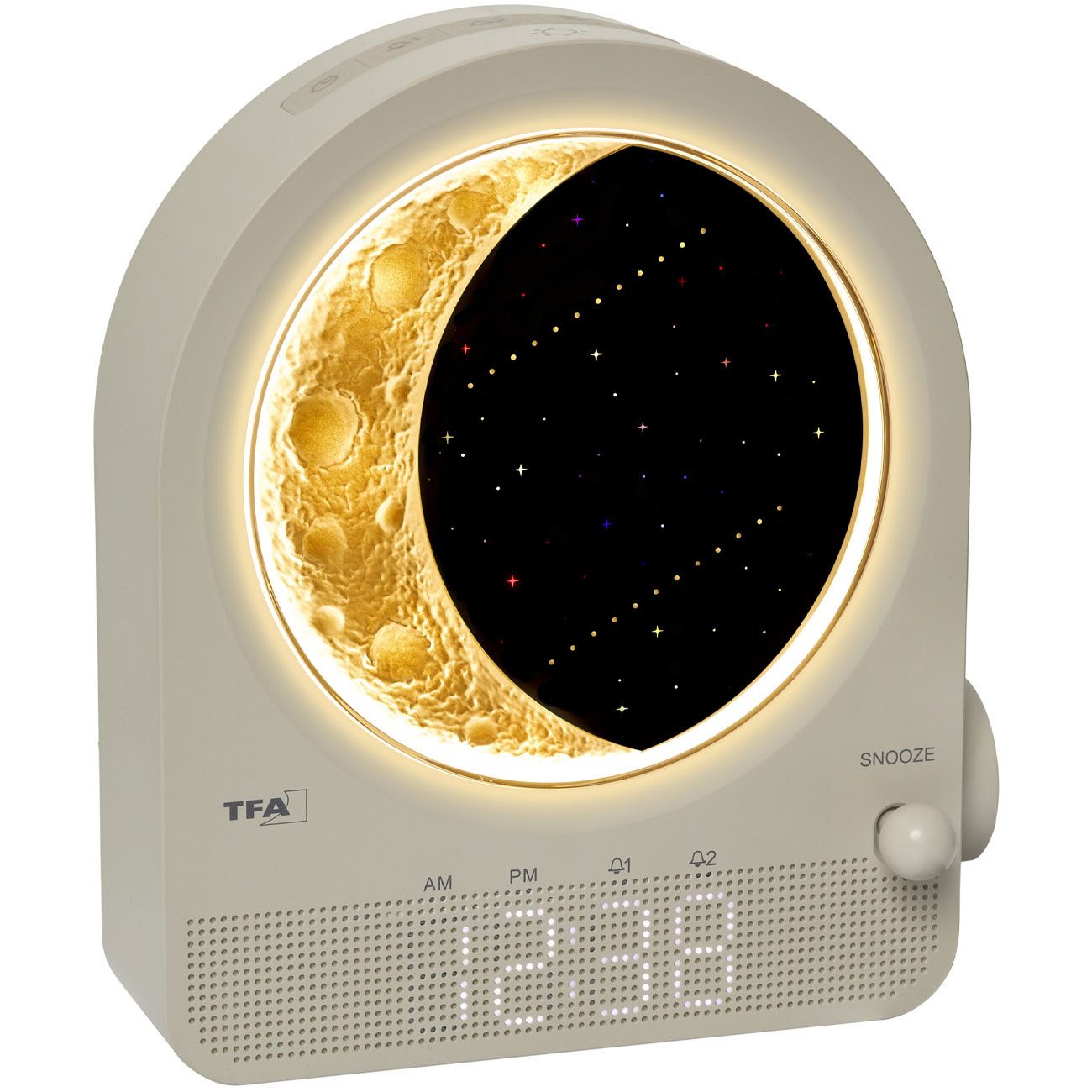 TFA Dostmann Tageslichtwecker Mondlampen Lichtwecker Meteor-Simulation Timer 2 Alarme & 10 Sounds Dual-Alarm (2 Weckzeiten), Snooze-Funktion, stufenlos dimmbar