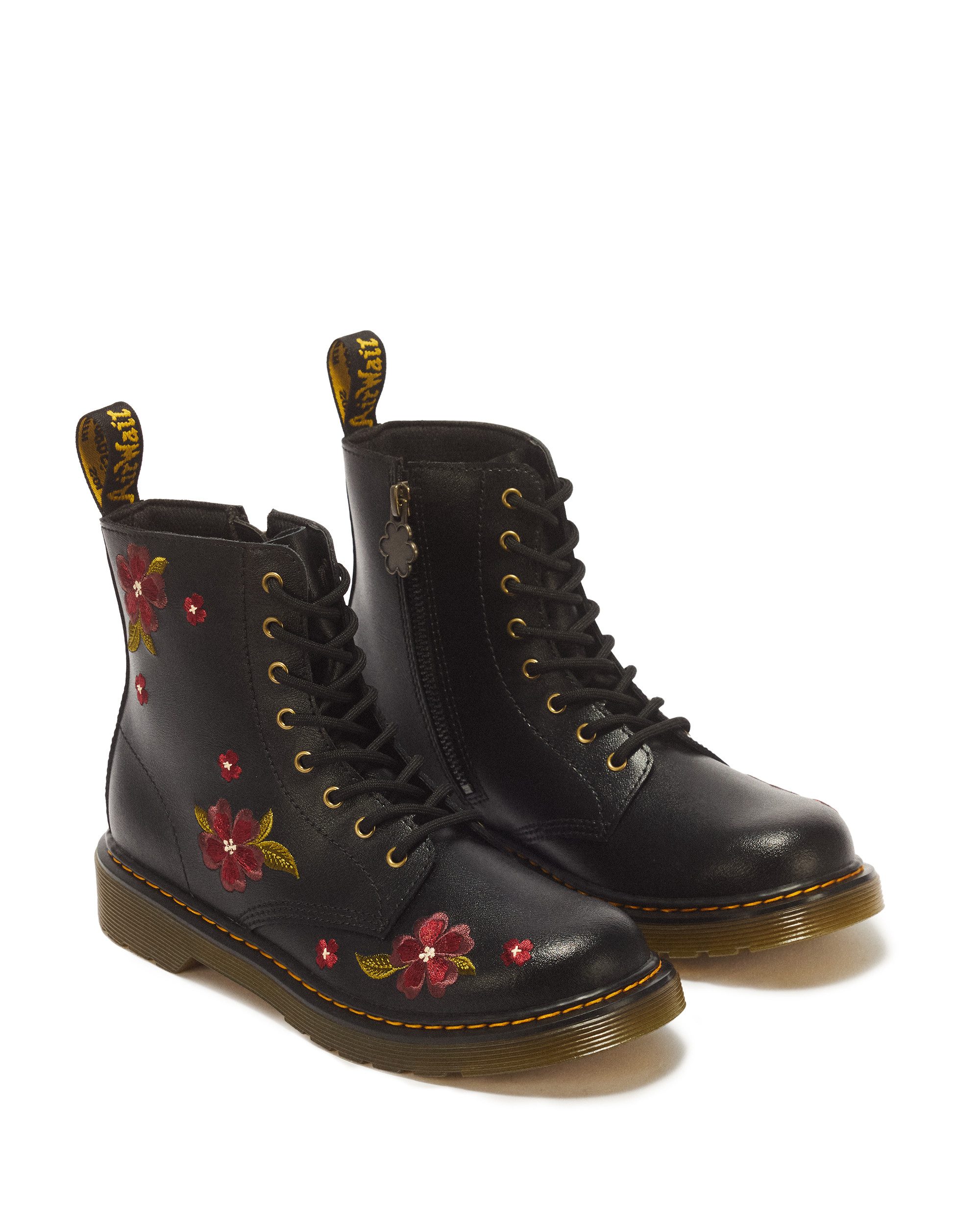DR. MARTENS 1460 Y Black T Lamper Schnürboots Schnürstiefelette mit bunter Blütenstickerei