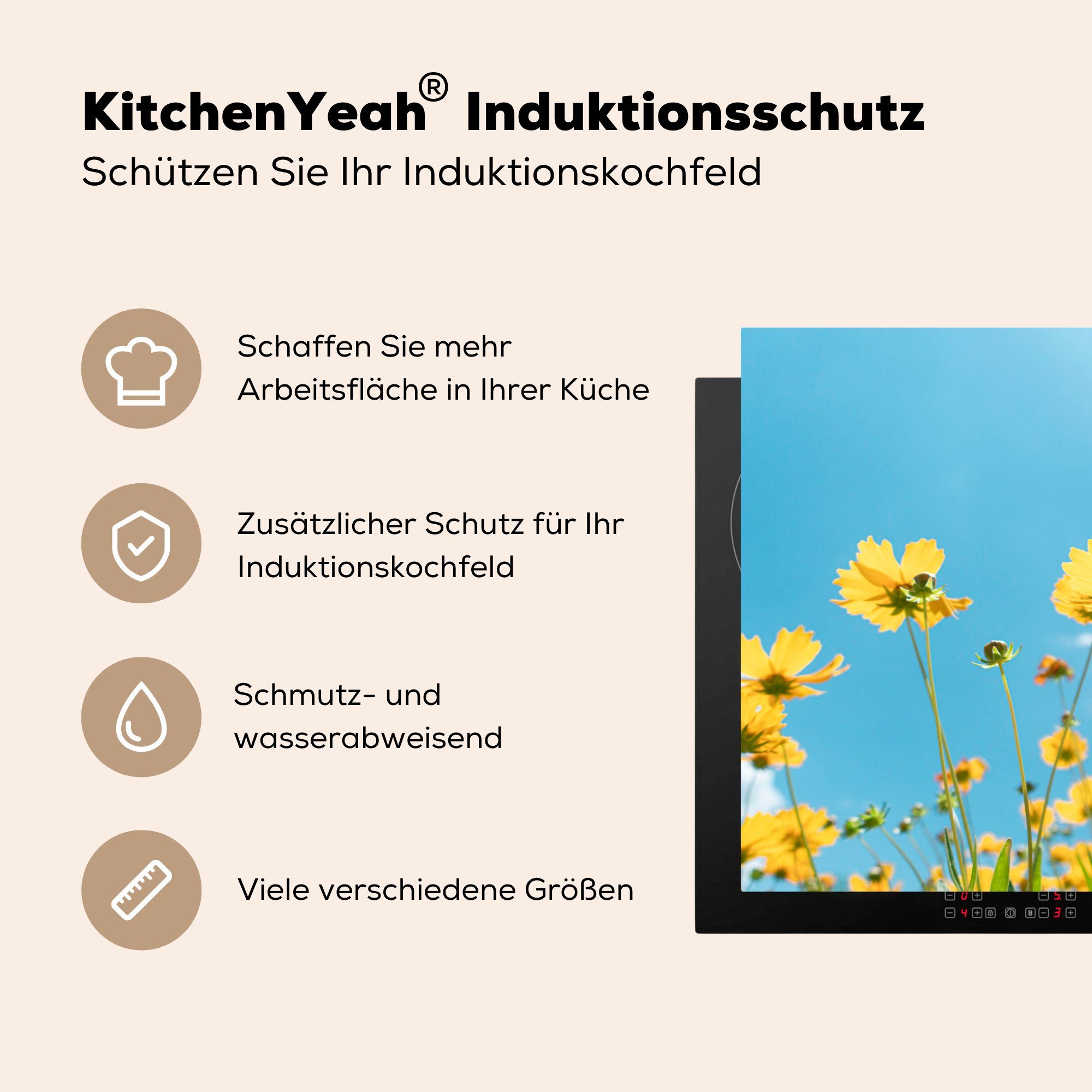 tlg), Herdblende-/Abdeckplatte Induktionskochfeld Blumen küche, für Himmel, die - (1 81x52 MuchoWow cm, Schutz - Sommer Vinyl, Ceranfeldabdeckung