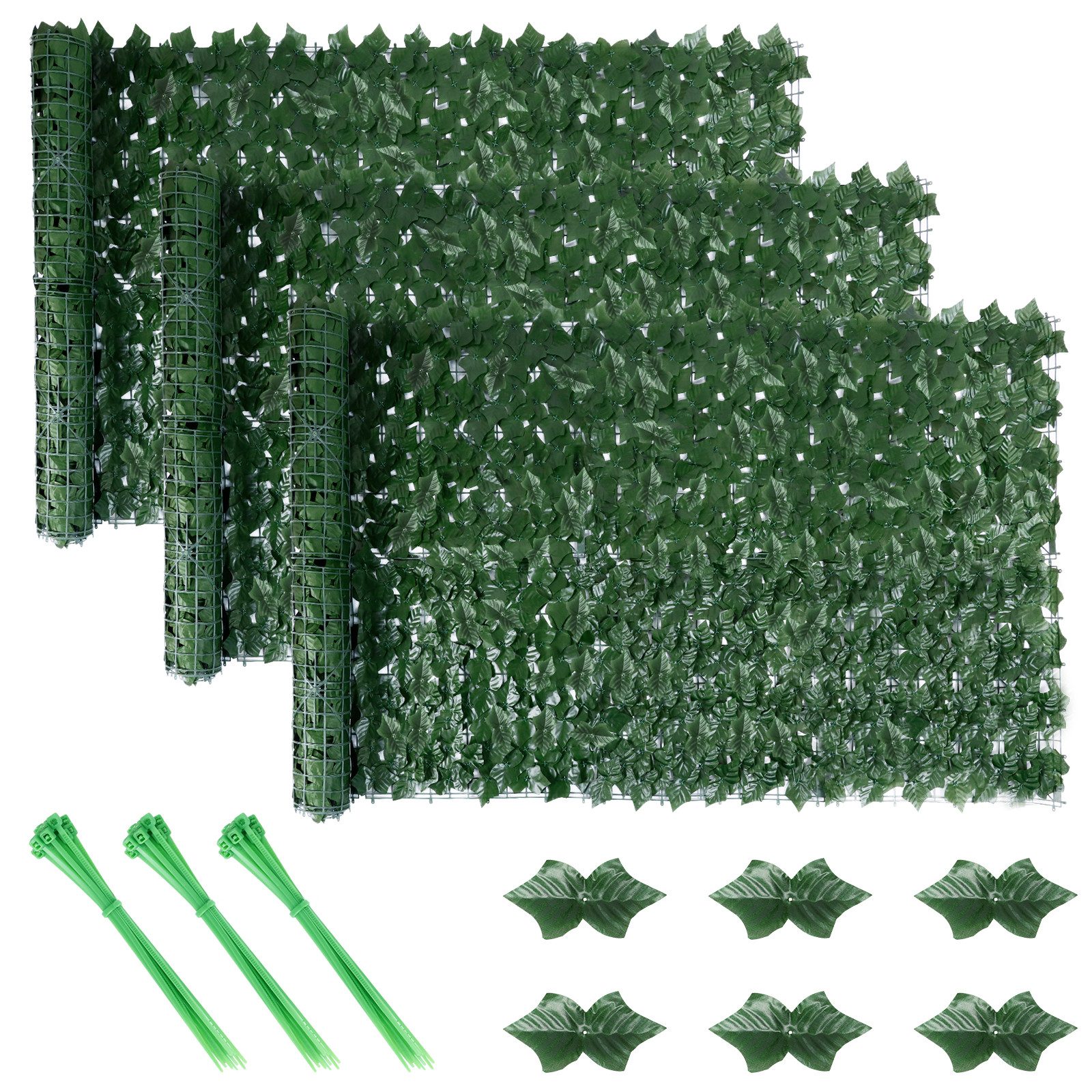 BlingBin Kunsthecken-Sichtschutz Künstliche Efeu Hecke Windschutz, Balkon Sichtschutz Efeu, 1x3 m/1x6 m, (3er Set, 3-St., Inklusive 60 Kabelbinder), Dekoration für Außenbereich Gartendekoration Sichtschutz Windschutz