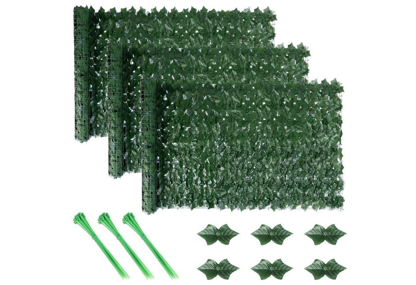 BlingBin Kunsthecken-Sichtschutz Künstliche Efeu Hecke Windschutz, Balkon Sichtschutz Efeu, 1x3 m/1x6 m, (3er Set, 3-St., Inklusive 60 Kabelbinder), Dekoration für Außenbereich Gartendekoration Sichtschutz Windschutz