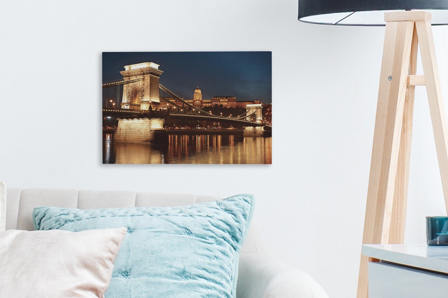 Kettenbrücke Leinwandbild 30x20 Leinwandbilder, St), - cm Wandbild OneMillionCanvasses® Aufhängefertig, Wanddeko, (1 - Licht, Budapest