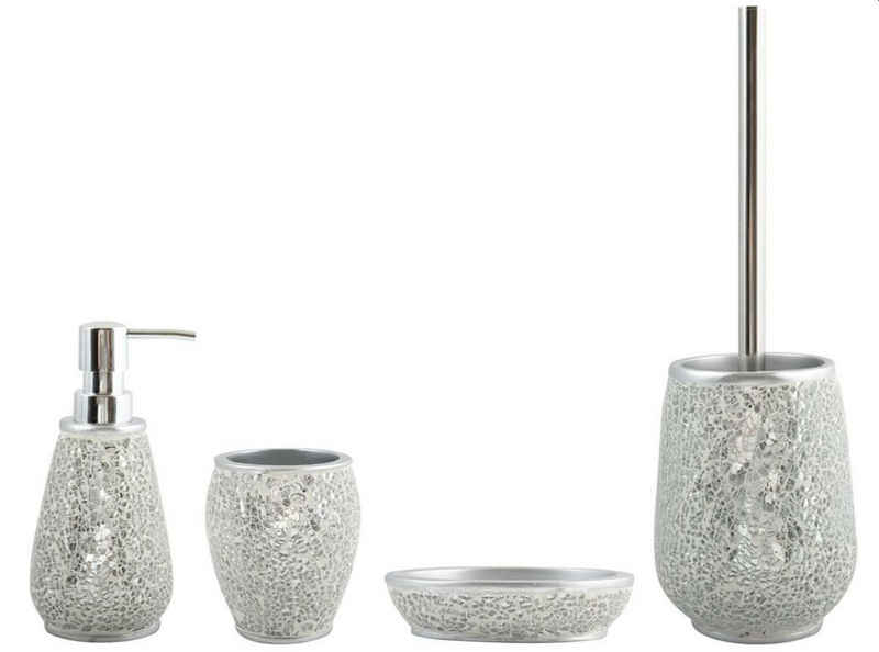 MSV Badaccessoires-Sets SCARLETT, Zubehör-Set aus robustem Polyresin, 4 tlg., bestehend aus: WC-Bürste, Seifenspender, Zahnputzbecher, Seifenschale, elegante Spiegel Mosaik-Optik, silber glänzend, Komplett-Set Badezimmerzubehör