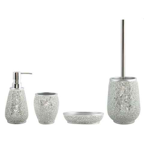 MSV Badaccessoires-Sets SCARLETT, Zubehör-Set aus robustem Polyresin, 4 tlg., bestehend aus: WC-Bürste, Seifenspender, Zahnputzbecher, Seifenschale, elegante Spiegel Mosaik-Optik, silber glänzend, Komplett-Set Badezimmerzubehör