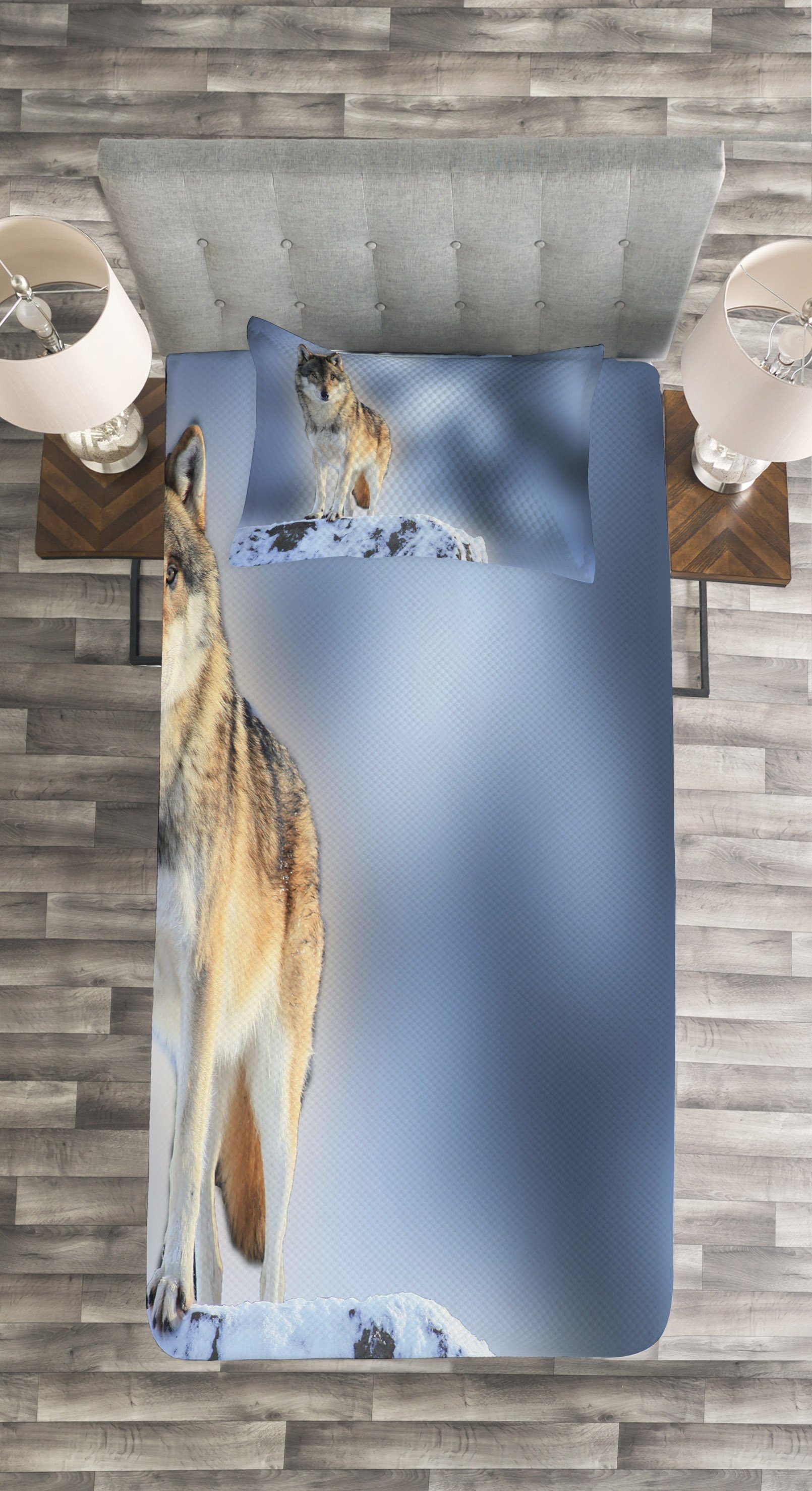 im Abakuhaus, Canine Schnee Wolf Carnivore Set mit Waschbar, Tagesdecke Kissenbezügen