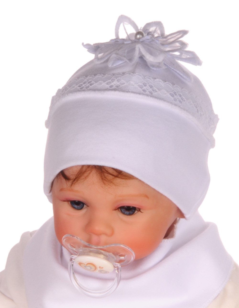 La Bortini Erstlingsmütze Baby Mütze in Weiß für Mädchen mit Rüschen und Blumen aus reiner Baumwolle, doppellagig, festlich, 32 bis 46
