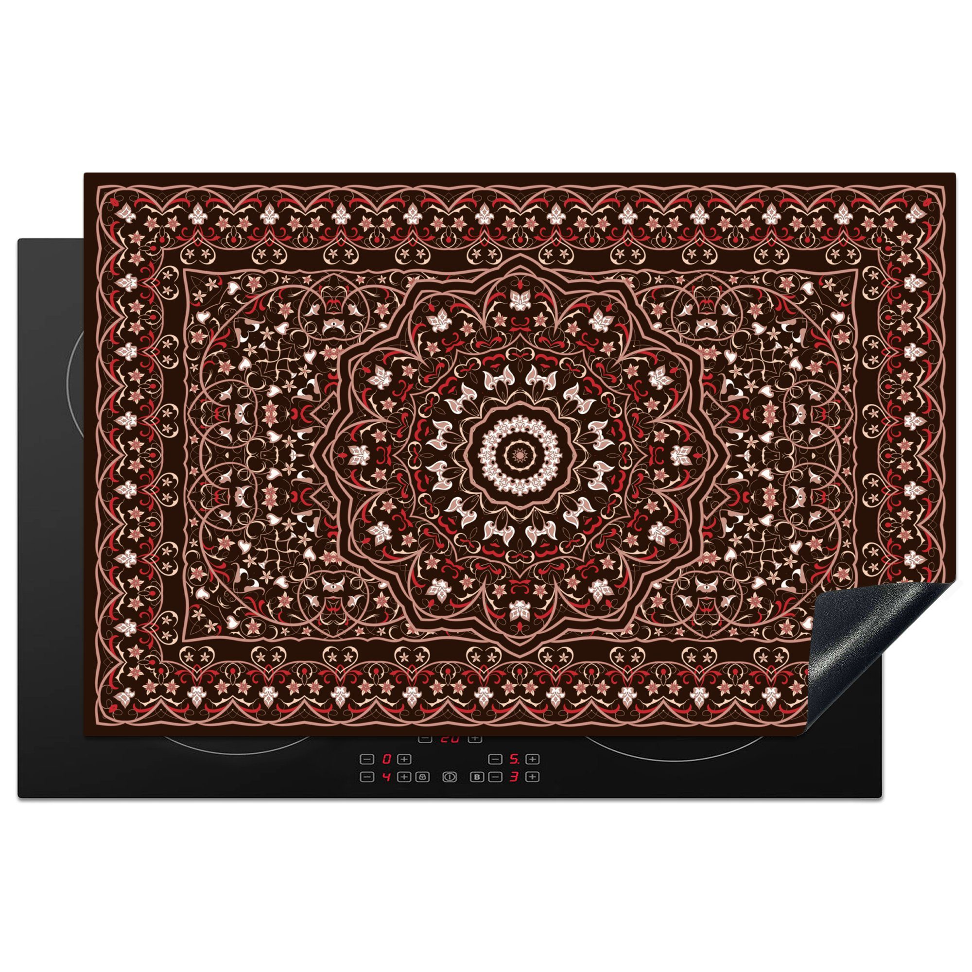 MuchoWow Herdblende-/Abdeckplatte Muster - Mandala - Teppich - Rot, Vinyl, (1 tlg), 81x52 cm, Induktionskochfeld Schutz für die küche, Ceranfeldabdeckung