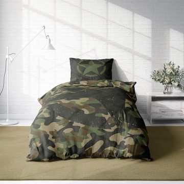 Jugendbettwäsche Camouflage, One Home, Mikrofaser, 2 teilig, Tarnmuster und US Army Stern