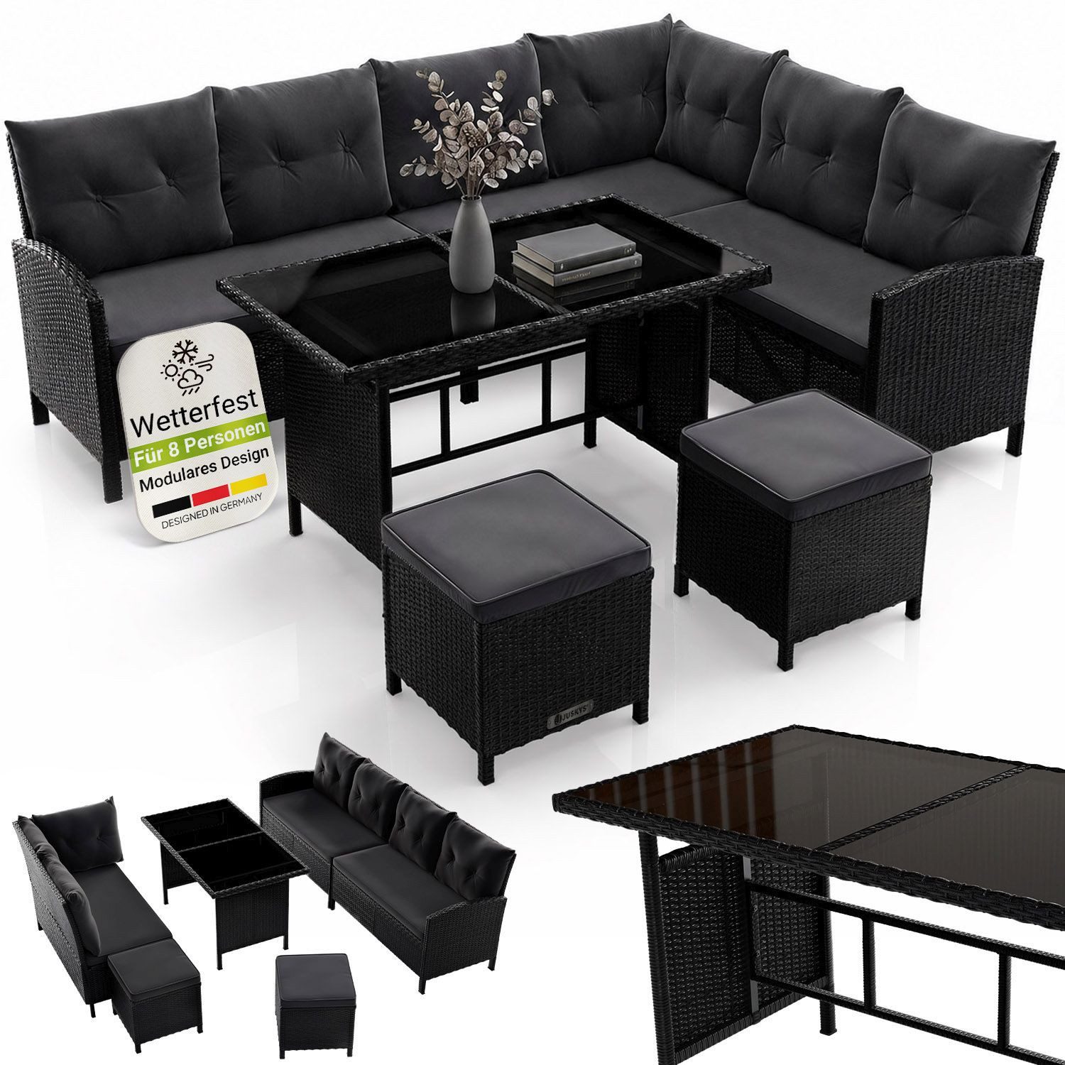 Juskys Gartenlounge-Set Manacor, (Gartenlounge), Polyrattan Gartenmöbel-Set mit Garten-Sofa, Garten-Tisch und 2 Hocker