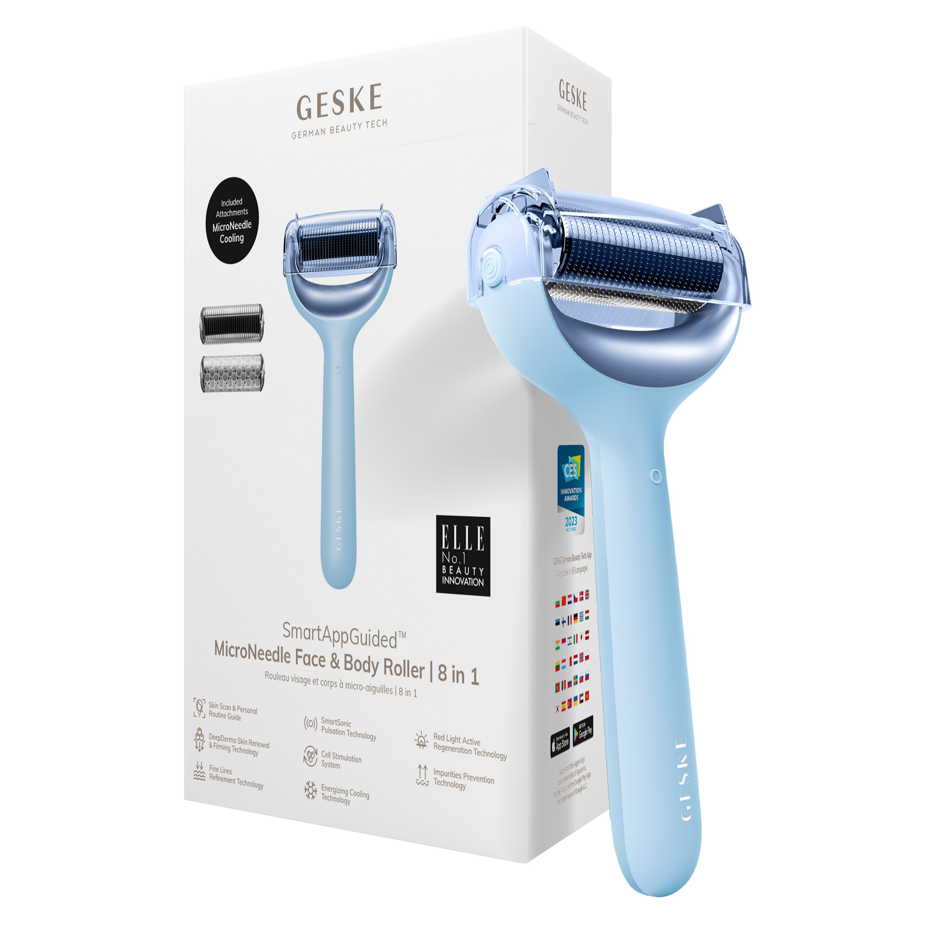 GESKE German Beauty Tech Micro-Needling SmartAppGuided™ MicroNeedle Face & Body Roller 8 in 1, Packung (Gerät & USB-Ladekabel), 4-tlg., Gerät inkl. kostenloser APP (SmartAppGuided Device), Mit der GESKE App erhältst Du deine personalisierte Hautpflegeroutine. Aquamarine