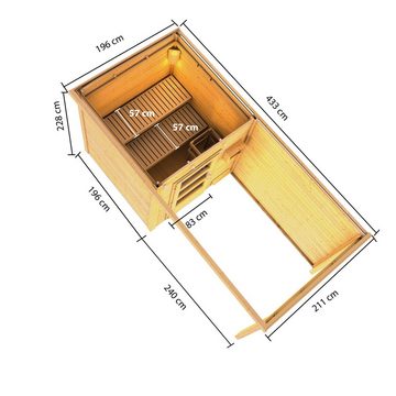 Karibu Saunahaus Karibu Außensauna Sofia mit Anbaudach und Rückwand, nordische Fichte, Karibu Qualität