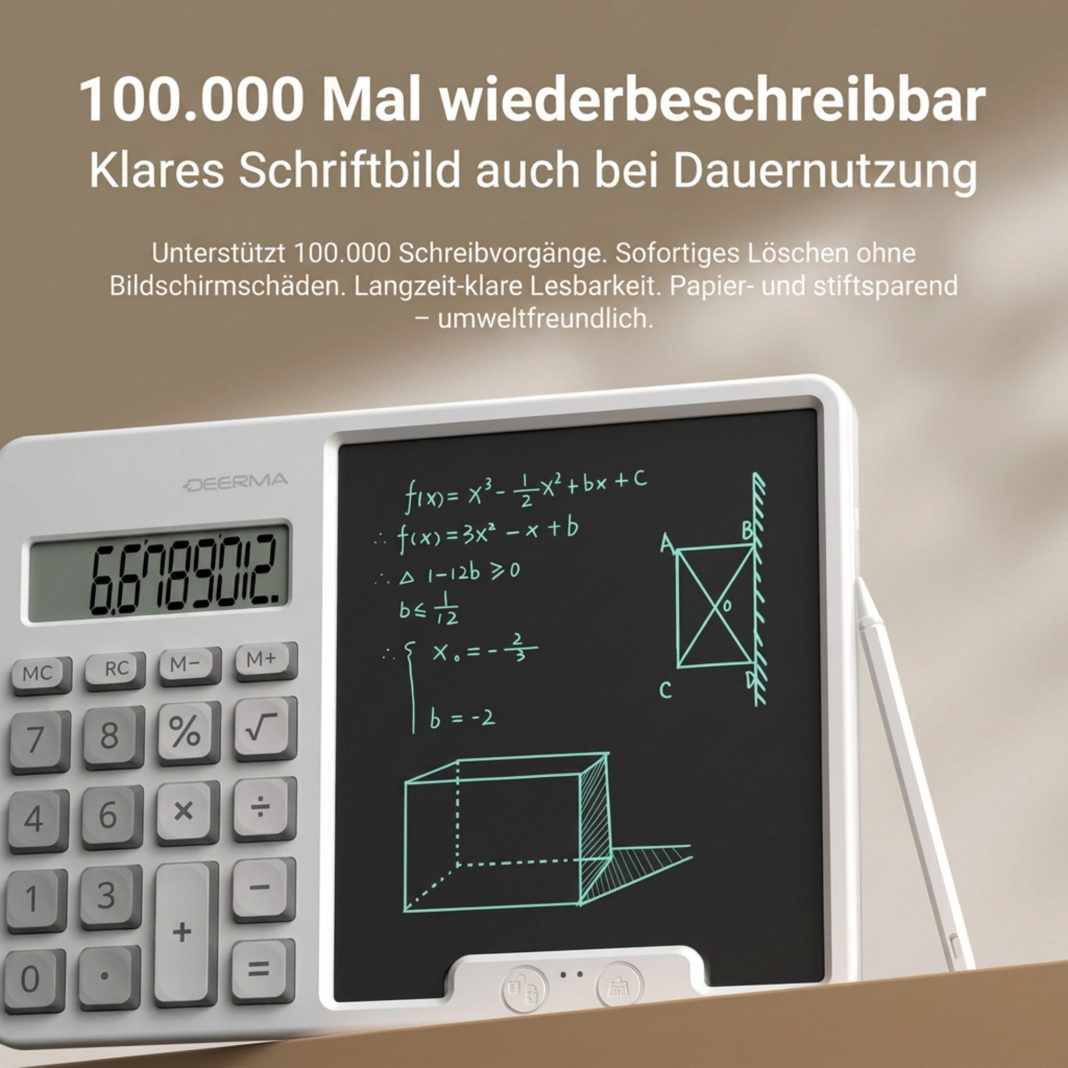Blossom Taschenrechner Wissenschaftlicher Taschenrechner, mit löschbarem LCD-Schreibtablet, 12-stelliger Solar- & Akku Tischrechner mit Notizblock für Büro Schule