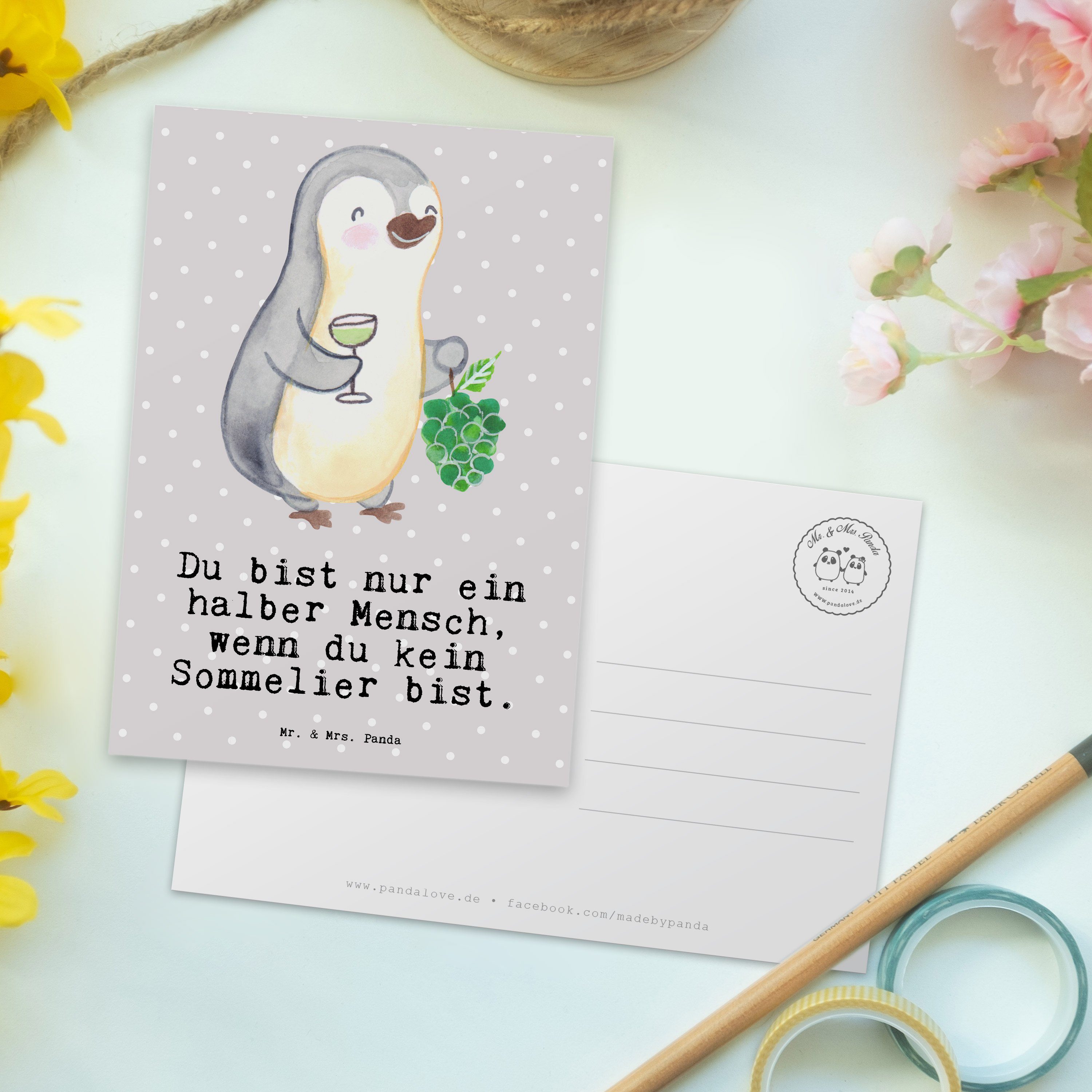 Mr. & Grau Einladung, Kollege, Herz Sommelier Postkarte Panda Geschenk, - Pastell Mrs. - Ans mit