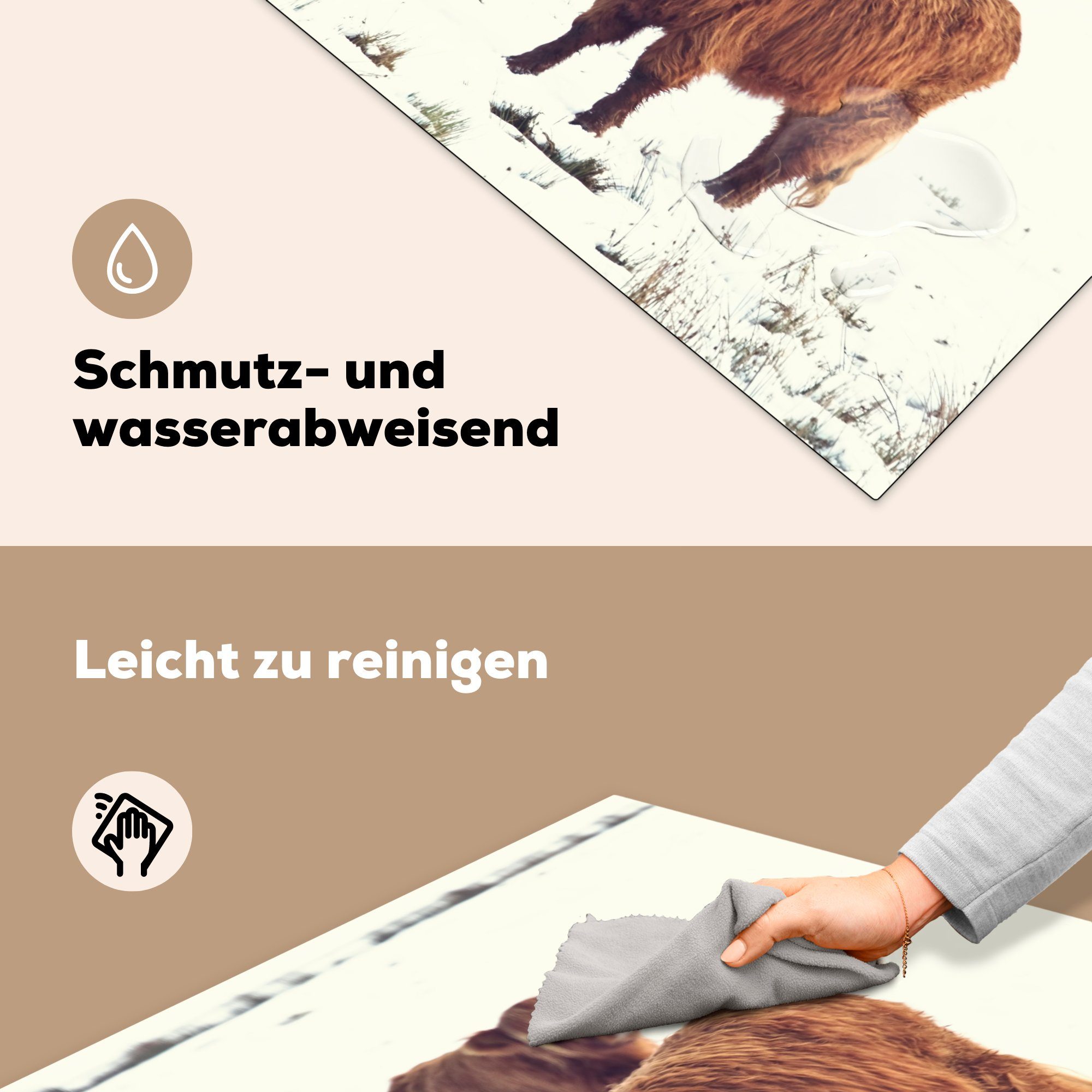 MuchoWow Herdblende-/Abdeckplatte Schottische Highlander - tlg), küche Winter, Vinyl, Ceranfeldabdeckung, (1 78x78 - cm, Arbeitsplatte Tiere für