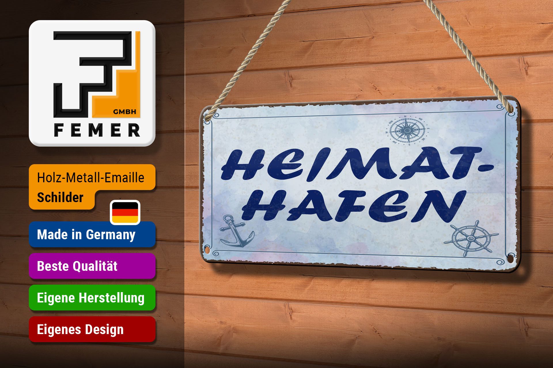 Femer GmbH Metallschild Spruch 27x10 cm Heimathafen blaues, (1 St), gewölbte Oberfläche, abgerundete Ecken, umgeschlagene Kanten