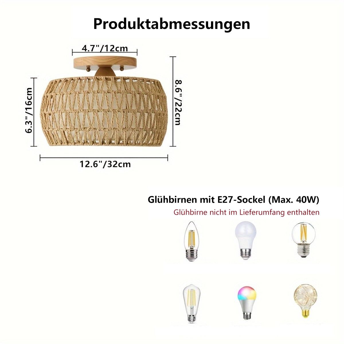 JDONG Deckenleuchte Rattan Deckenleuchte Boho Vintage mit Rattan Lampenschirm, Hängelampe E27 Vintage Deckenlampe 32*22CM(B*H)