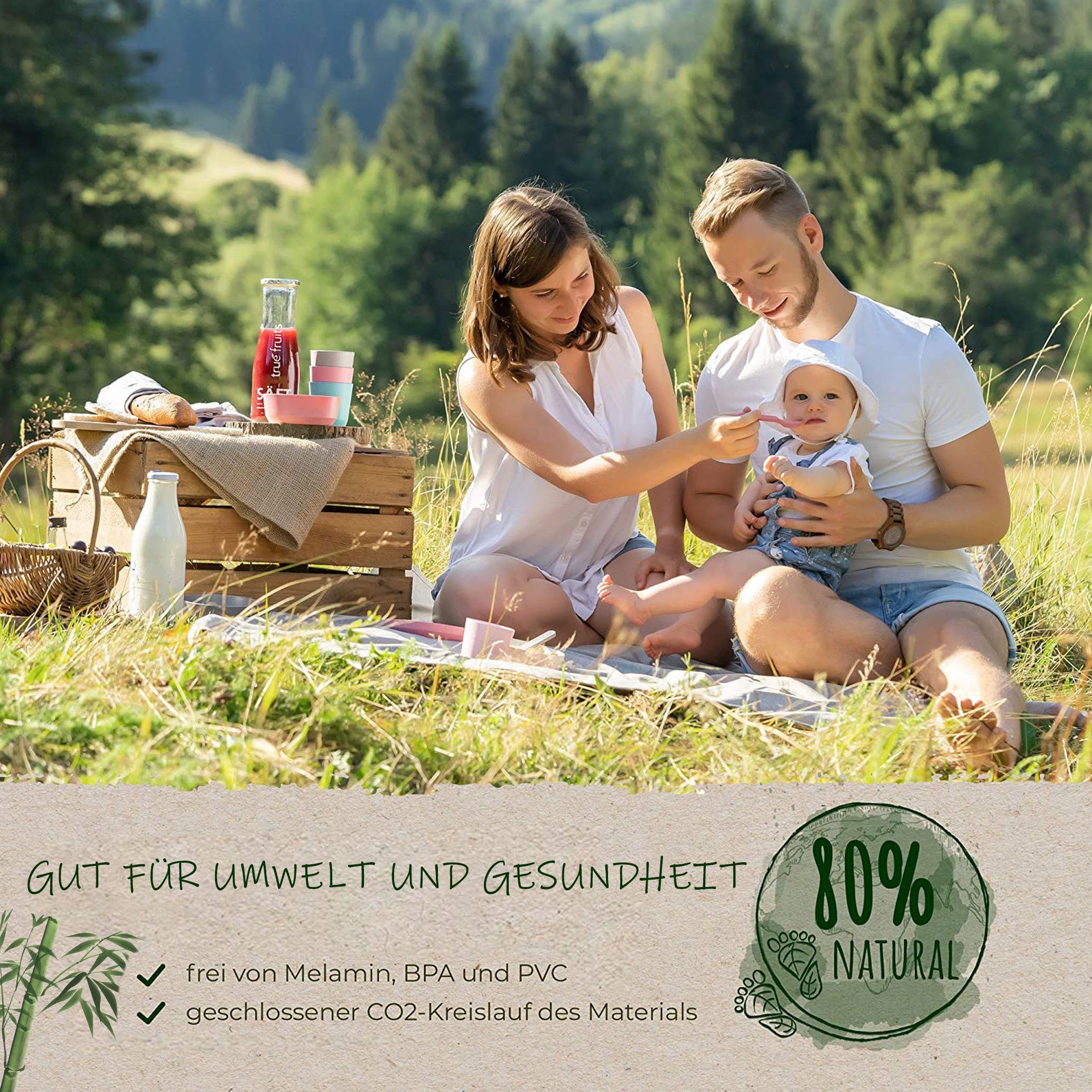 Nachhaltig ohne Monaten Teller, Schadstoffe, Gabel, Tasse, Babys Bambusfaser GOLDEN melaminfrei, Kindergeschirr-Set aus Teile Für Maisstärke, Schale, Kindergeschirr-Set ab und 6 Löffel, 5 Spülmaschinenfest,