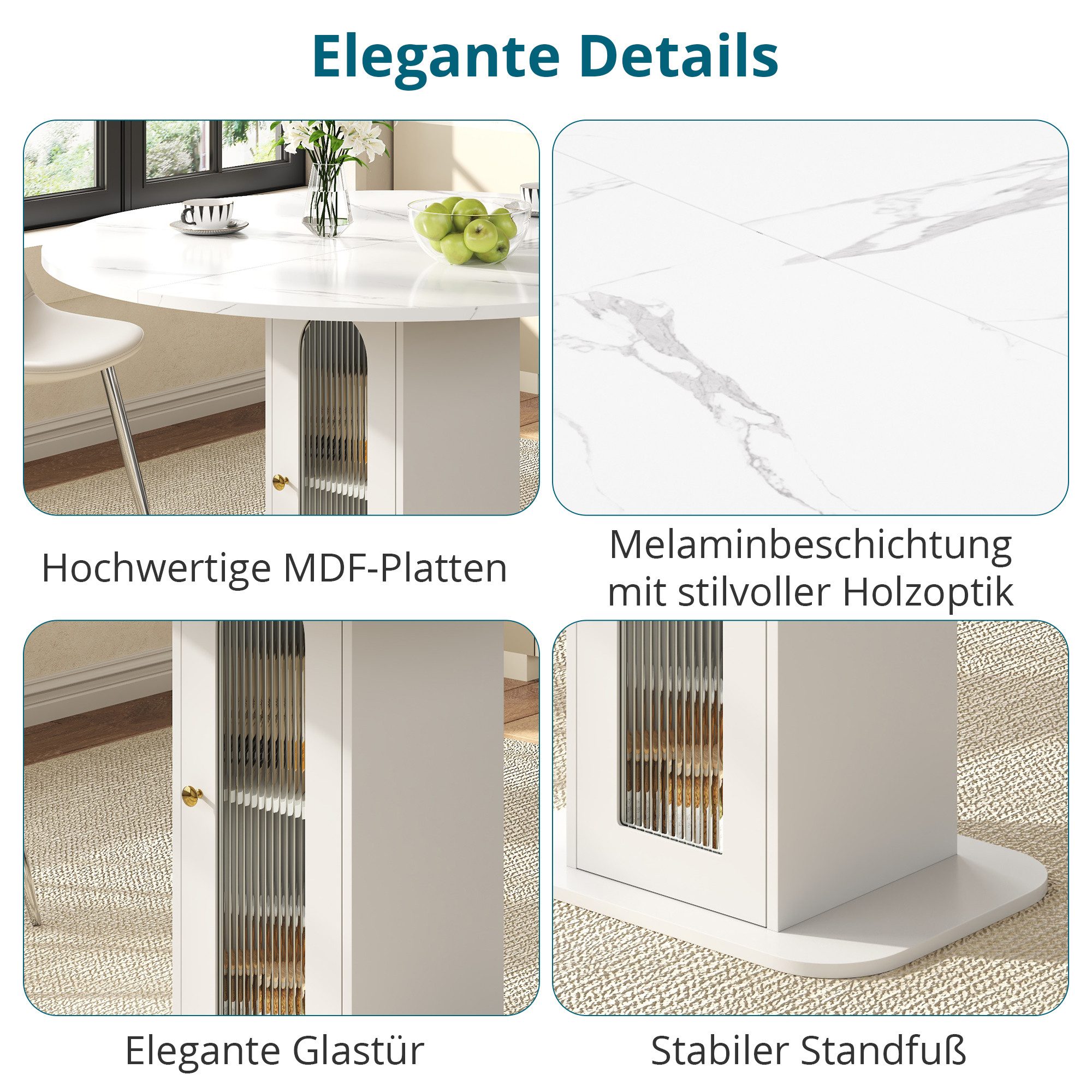 i@home Esstisch Runder Esstisch mit Stauraum (1 Tisch), Kleiner Esstisch, mit Riffelglas-Tür & Regal, 80 x 80 x 75 cm, Weiß