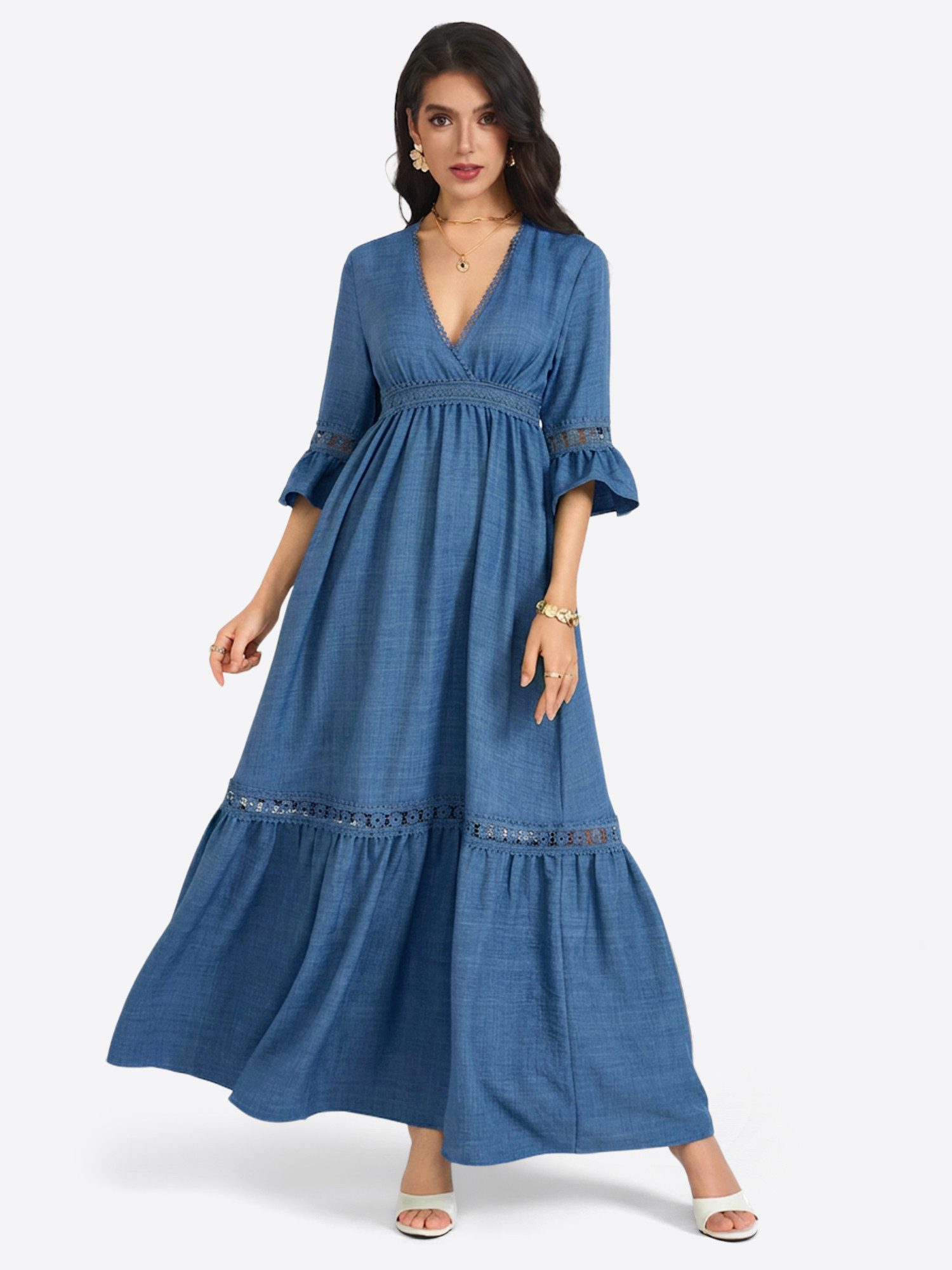 Imily Bela Maxikleid Damen Retro Freizeitkleid (Packung, 1-tlg., 1per-Pack) V-Ausschnitt