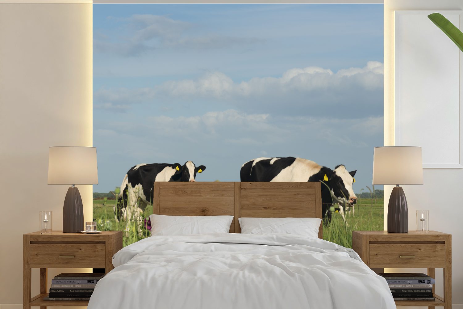 MuchoWow Fototapete Kuh - Blumen - Gras - Tiere, Matt, bedruckt, (5 St), Vinyl Tapete für Wohnzimmer oder Schlafzimmer, Wandtapete