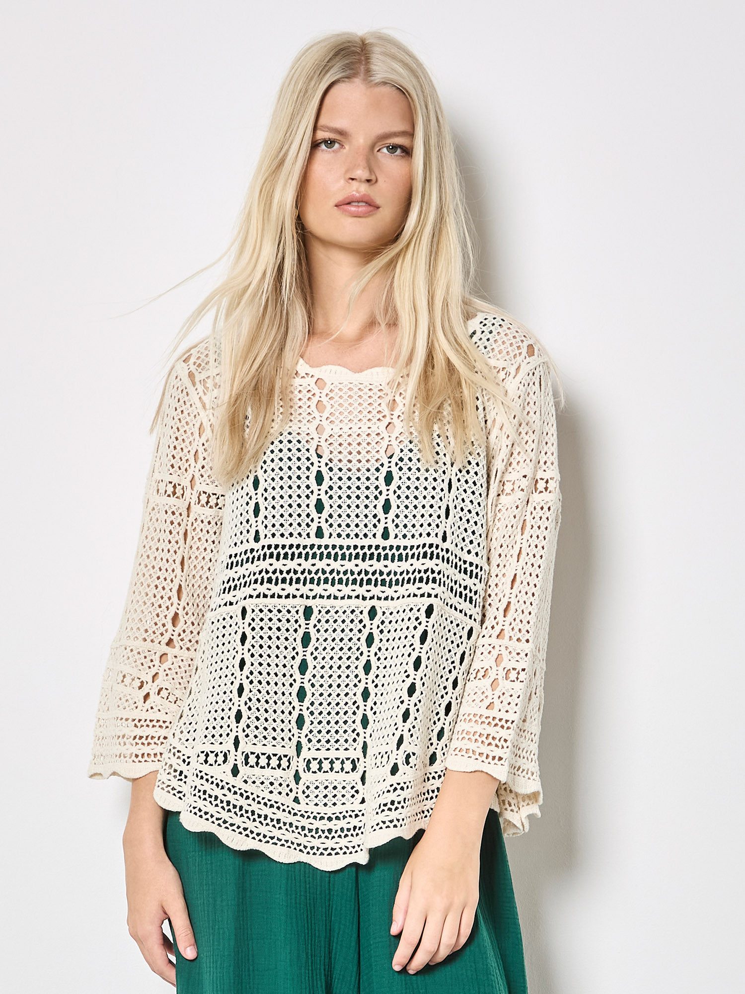Apricot Spitzenshirt Häkeloberteil mit Glockenärmeln