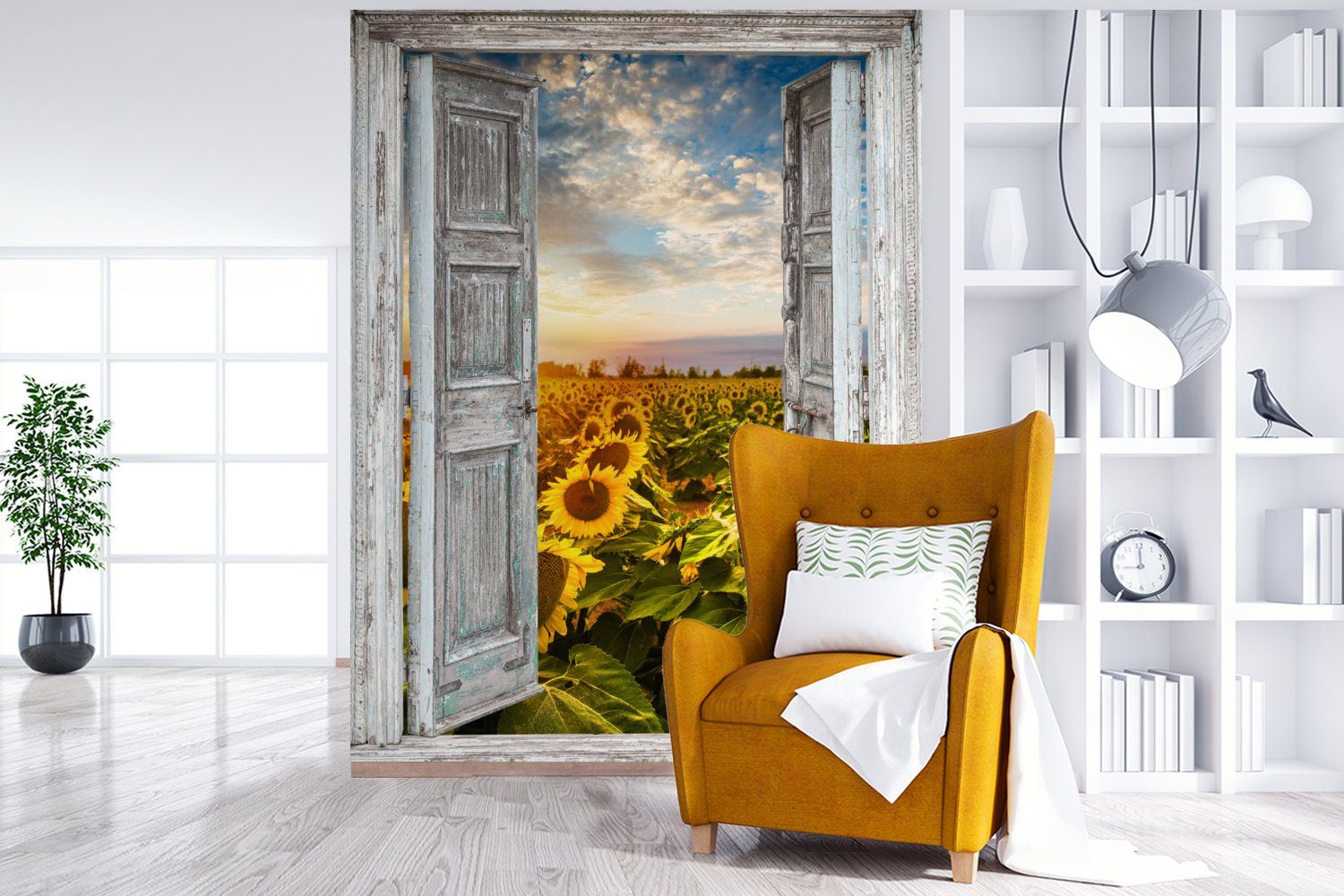Transparent für MuchoWow - Blumen - Matt, Sonnenblume - (4 St), Montagefertig Wohnzimmer, Fototapete Vinyl Sonne, Wandtapete bedruckt, Tapete