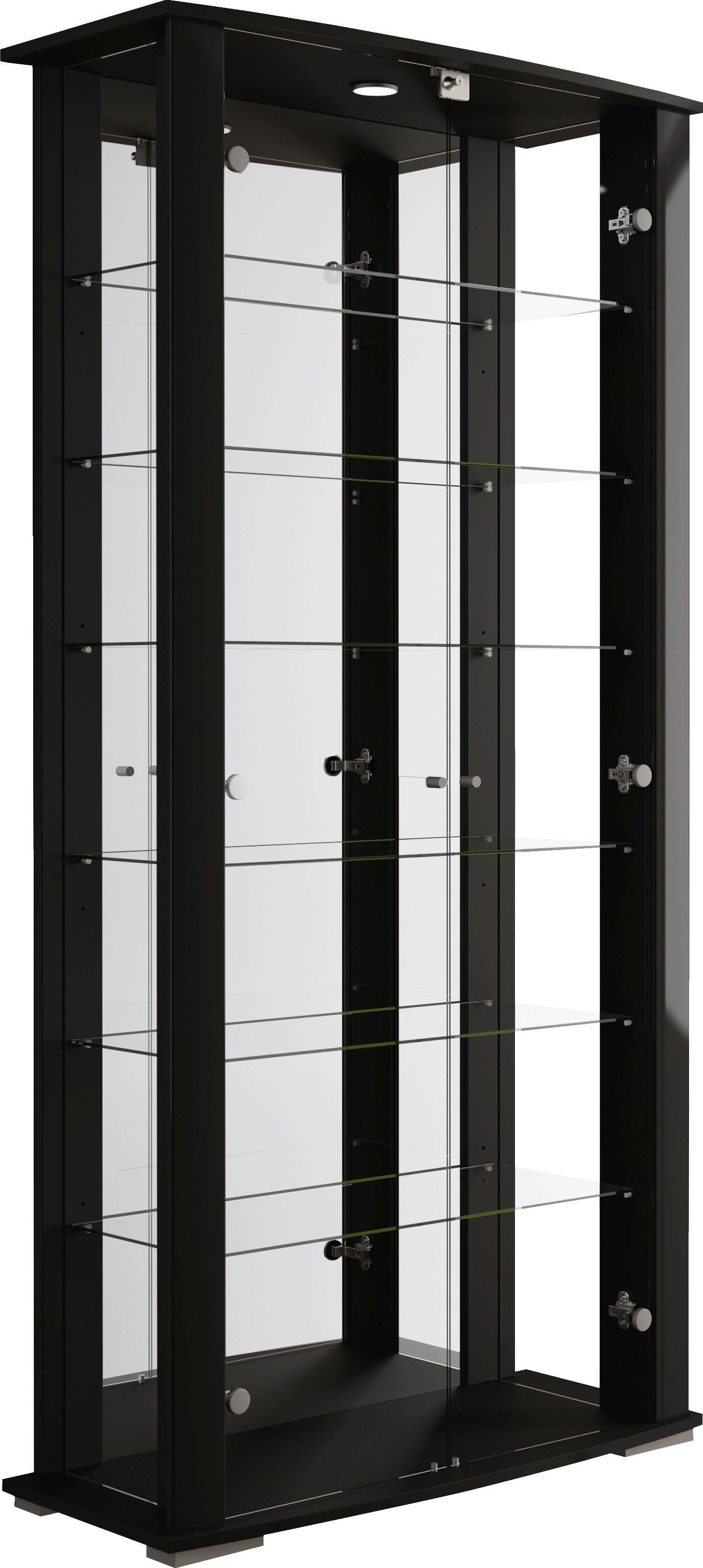 billig produzieren fif möbel STELLA Spiegelrückwand, abschließbar Vitrine | 2-türig, Schwarz Weiß, Schwarz LED-Beleuchtung