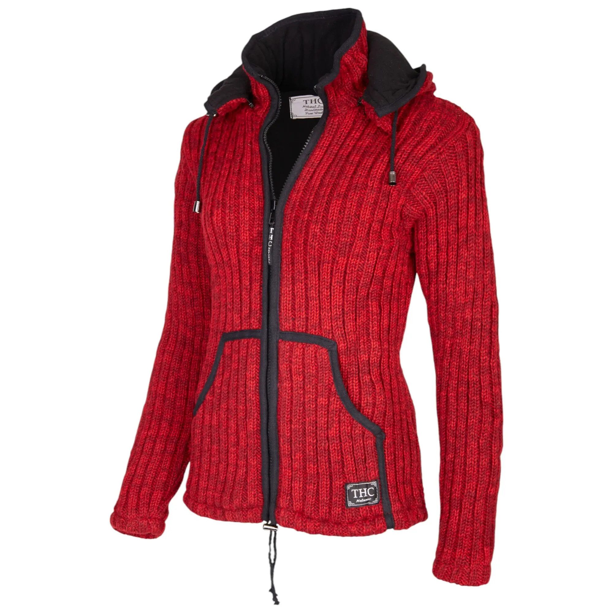 THC Natural Line Strickjacke THC Schafwollstrickjacke rot 715 (1 Stück, 1-tlg., 1 Stück) Strickjacke mit abnehmbarer Kapuze