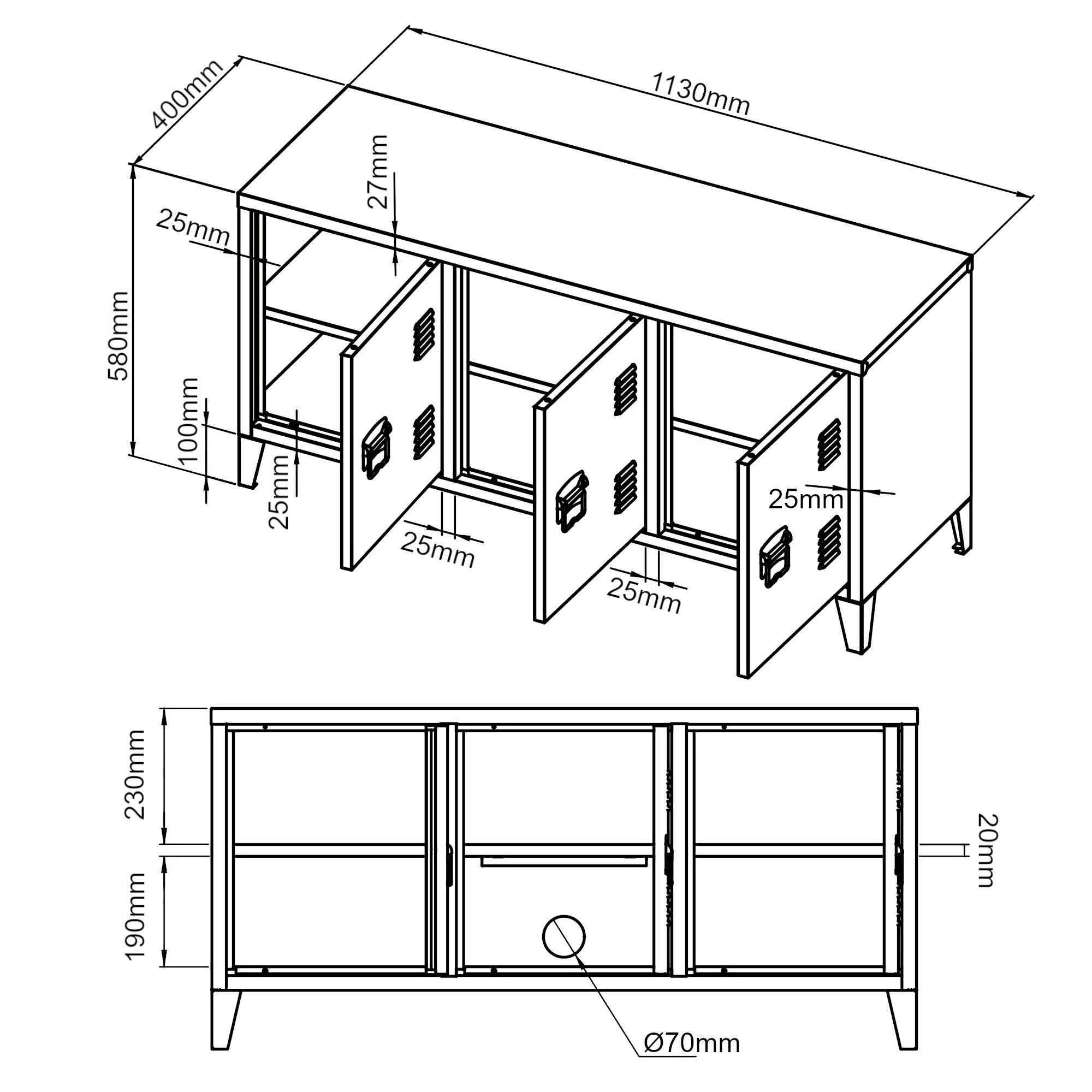en.casa Sideboard, »Kotka« mit 3 Türen Metall 113 x 40 x 58 cm Weiß