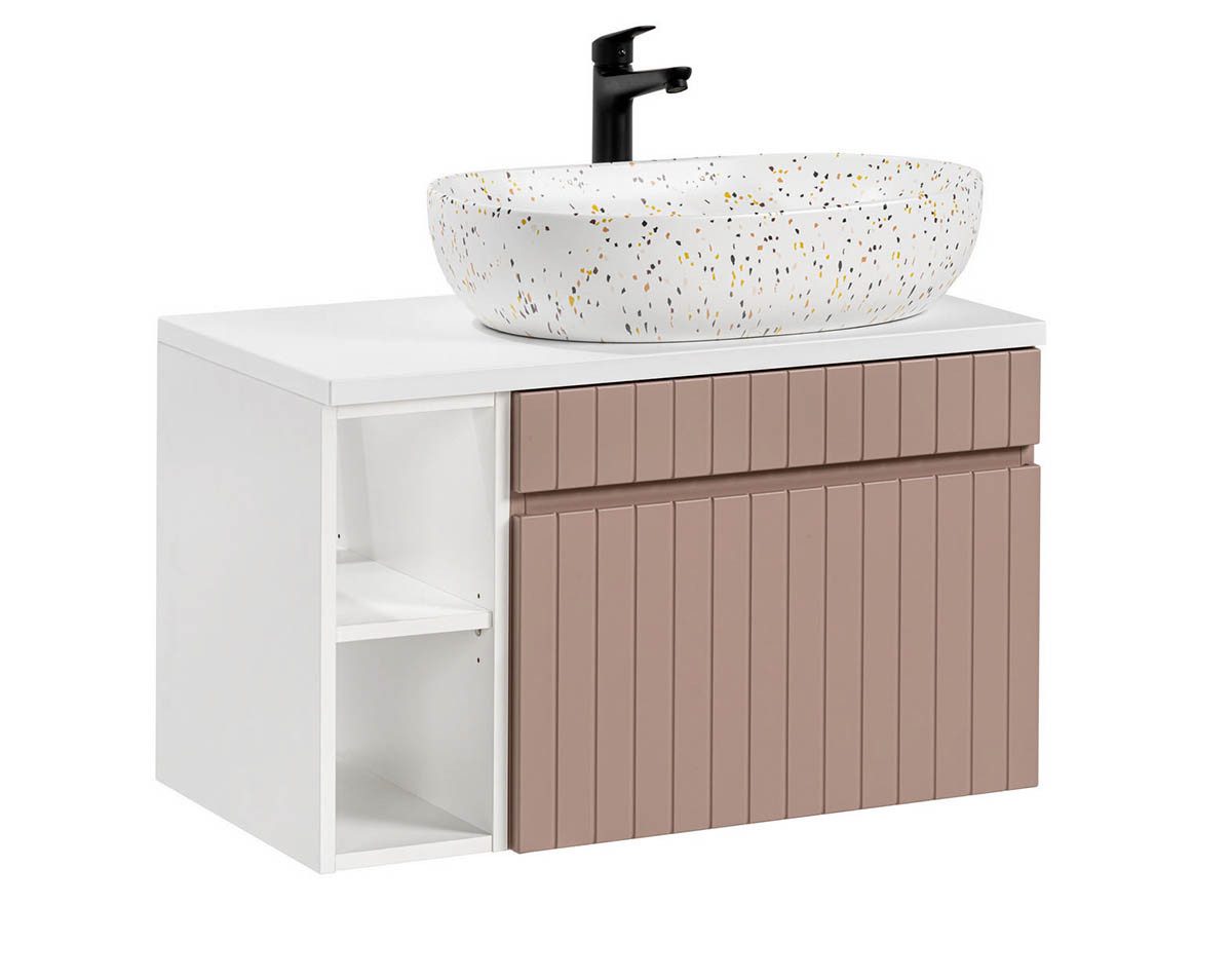 einfachgutemoebel Waschtisch-Set Badezimmer Waschplatz ROSINA 80cm, Aufsatzbecken & Regal, rosé-weiß, (Badmöbel Set, 1-St., Waschtisch Set)