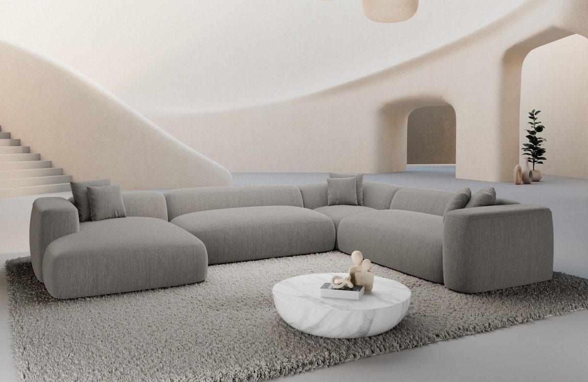 Sofa Dreams Wohnlandschaft Alcudia XXL Stoff mit Ottomane, Designer, 6-Sitzer, attraktive Farben, Strukturstoff Bezug in Hellgrau