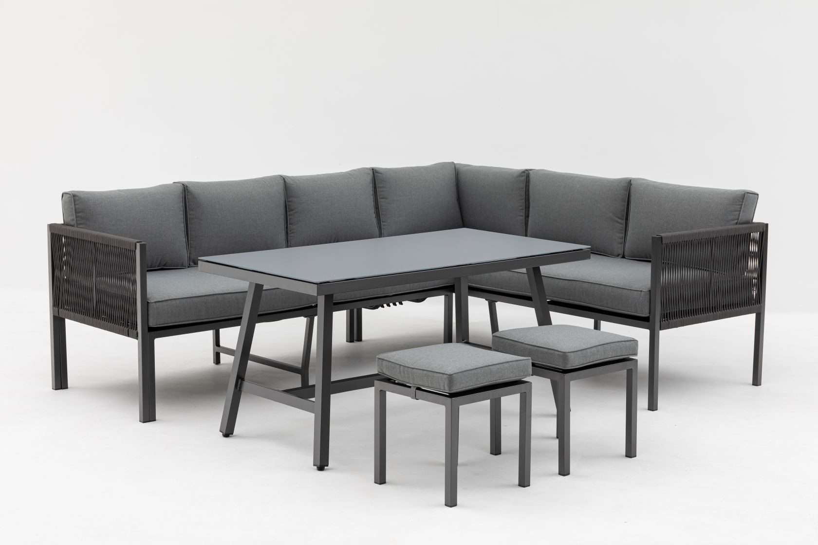 Gardissimo Gartenlounge-Set Aruba Gartenmöbelset / Dining Lounge Set Alu, (Set, 4-tlg., Alu, Ecklounge, Esstisch, 2 Hocker, inkl. Auflagen), UV-beständig / verstellbare Liegefläche / flexibel aufstellbar