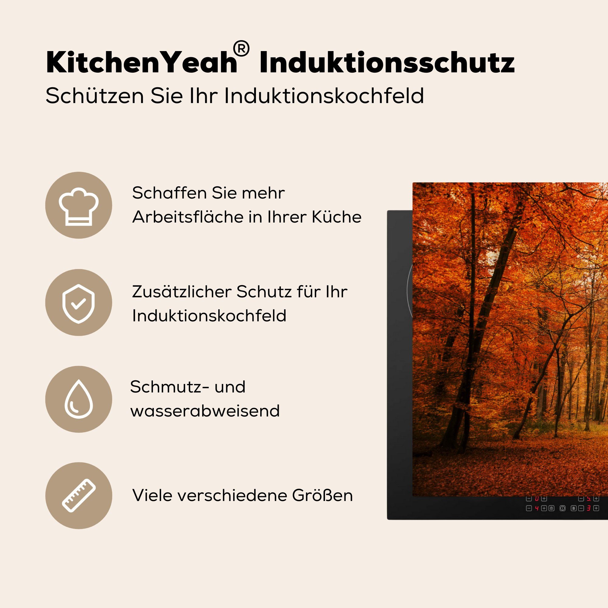 Herdblende-/Abdeckplatte für Herbst (1 MuchoWow 81x52 - Ceranfeldabdeckung Rot küche, Schutz tlg), die Wald, cm, Induktionskochfeld Vinyl, -