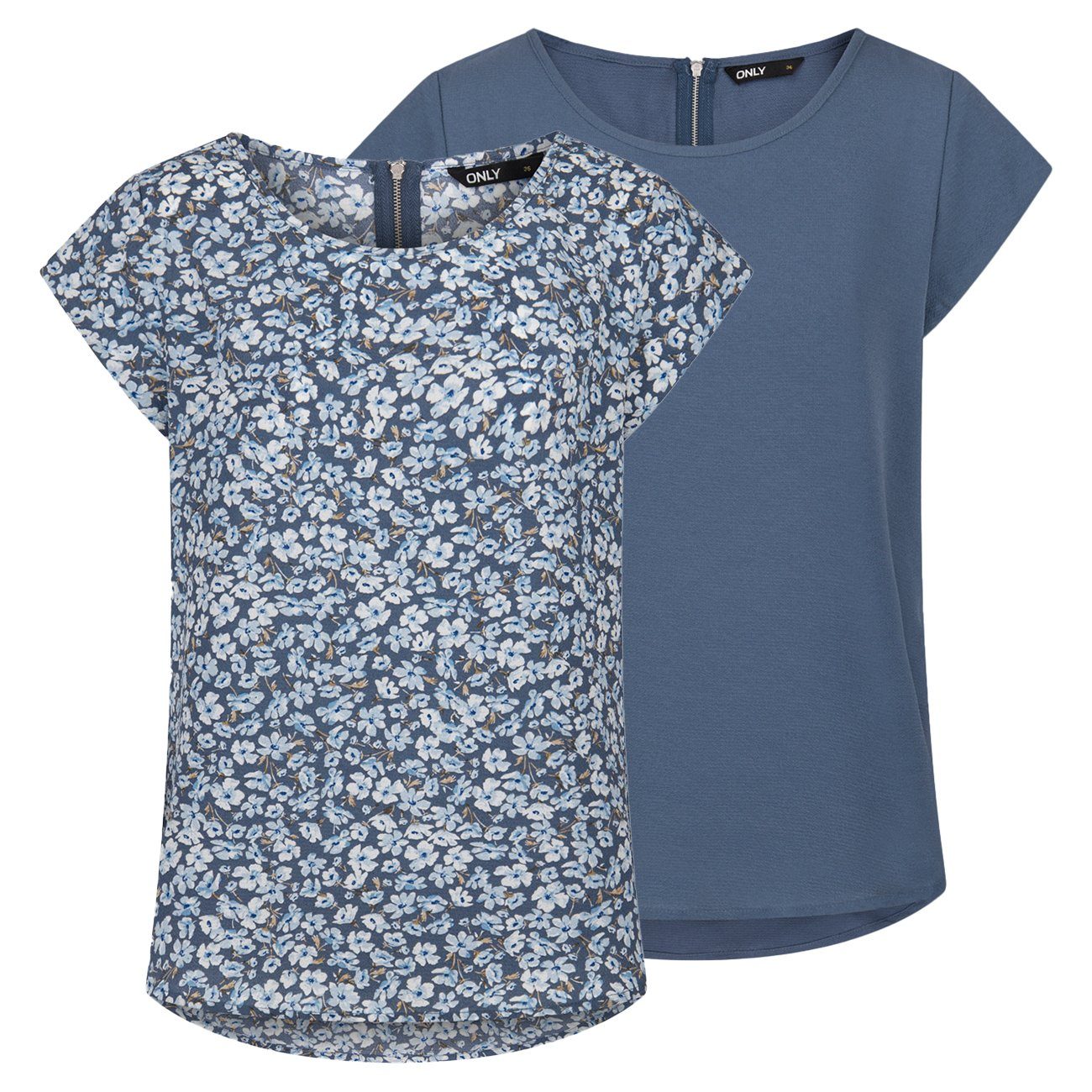 ONLY T-Shirt Damen Top ONLVIC Regular Fit (2-tlg) Basic Kurzarm Tee Shirt mit Rundhalsausschnitt Vintage Indigo (15284243)