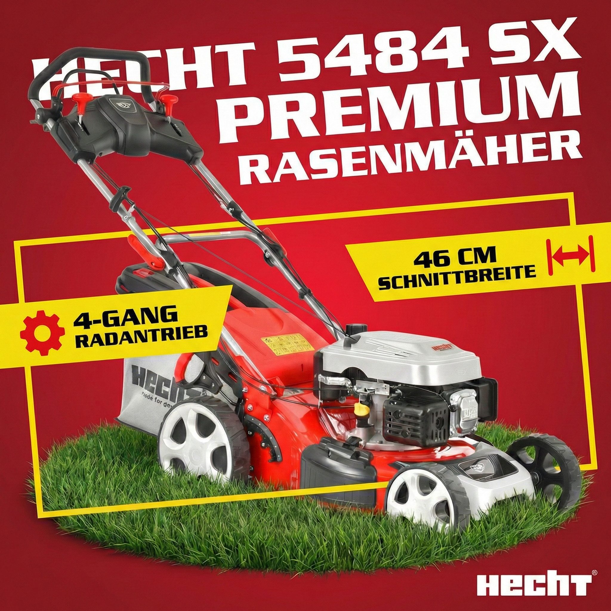 Hecht Benzinrasenmäher 5484 SX 5in1 mit Radantrieb Mulchkit, 46 cm Schnittbreite, 5 PS, 25-75mm, 60L Fangkorb
