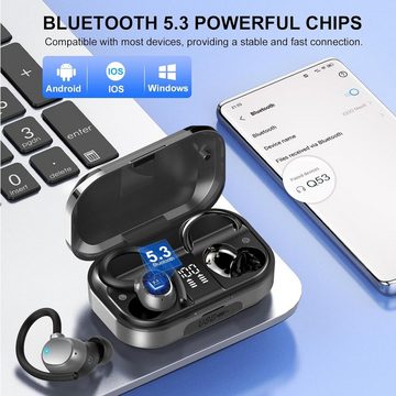POMUIC Kabellos Bluetooth 5.3 mit HD Mic, 120 Stunden Spielzeit Sport In-Ear-Kopfhörer (Stabile Verbindung und schnelles Aufladen für ununterbrochenen Hörgenuss den ganzen Tag, mit LED-Anzeige, Deep Bass, IP7 Wasserdichte Ohrhörer mit Ohrhaken)