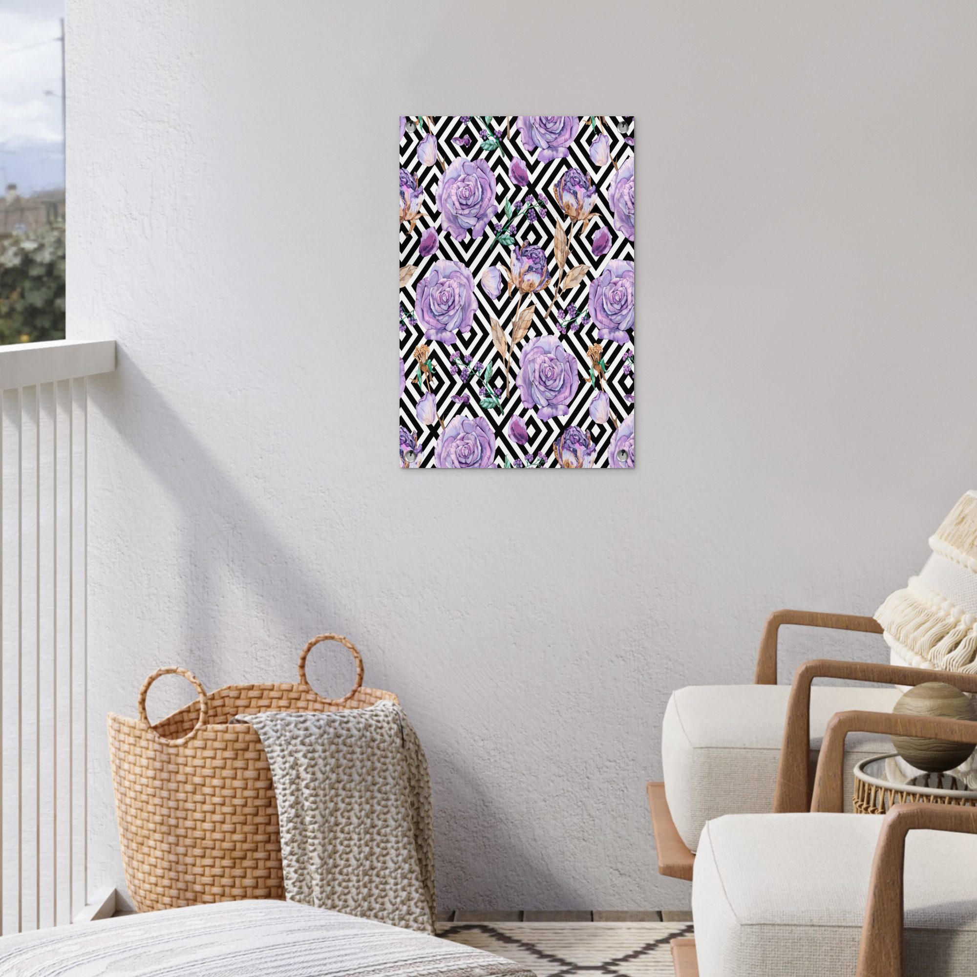 OnlyWow Poster für Garten Blumen - Rosen - Lila, Gartenposter, Outdoor Bilder, Terrasendeko Banner, 40x60 cm