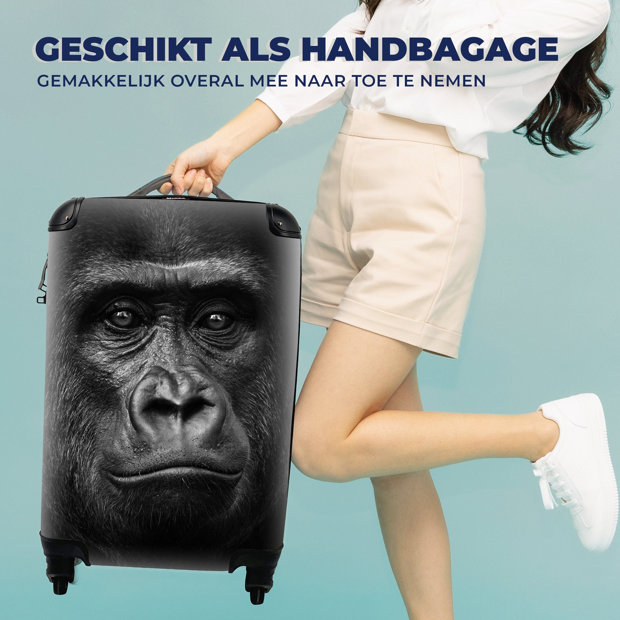 MuchoWow Handgepäckkoffer Gorilla - Schwarz für - - 4 Reisetasche Trolley, Porträt, Tiere Reisekoffer Ferien, Weiß rollen, Rollen, - Handgepäck mit