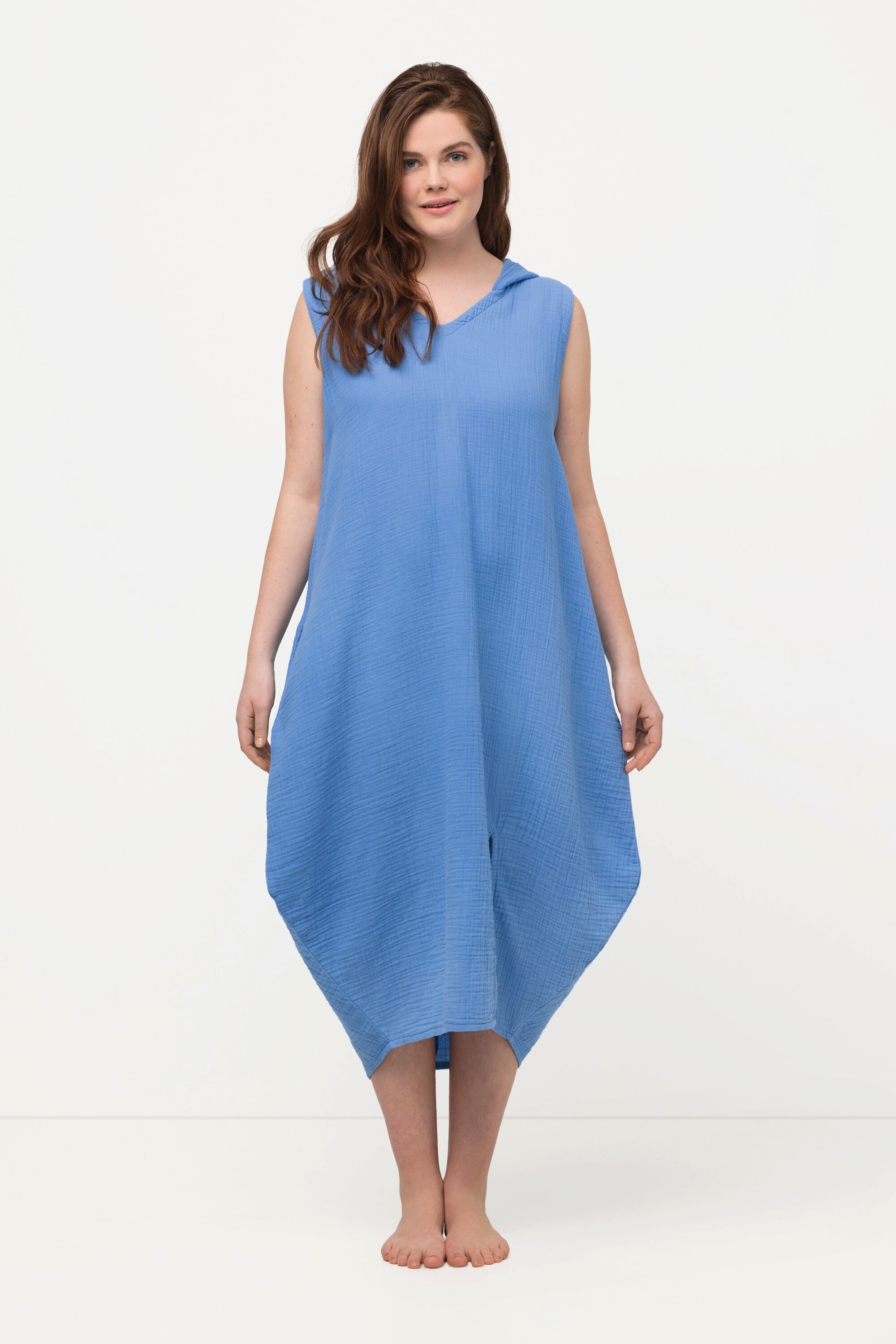 Ulla Popken Tunika Longtunika Musselin Kapuze V-Ausschnitt ärmellos