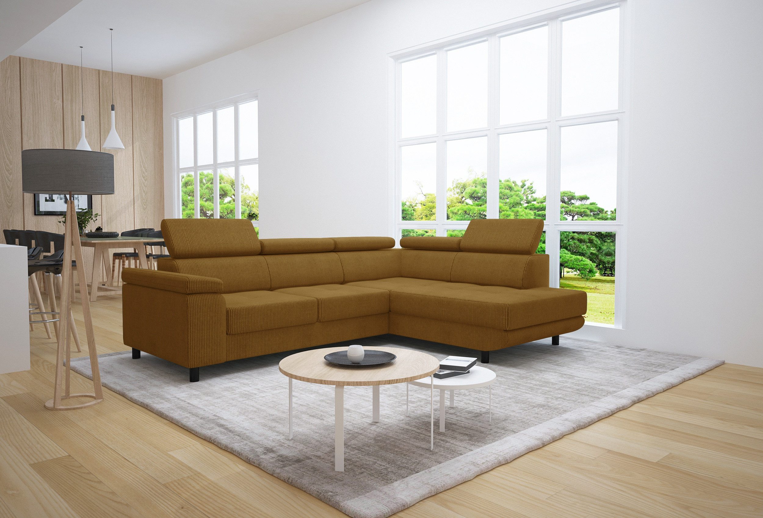 thematys Ecksofa LUNA L mit Schlaffunktion & Bettkasten – aus Velours oder Cord Stoff, mit 5 verstellbaren Kopfstützen, – L-Form 250×183 cm – Schlafsofa mit Auszug